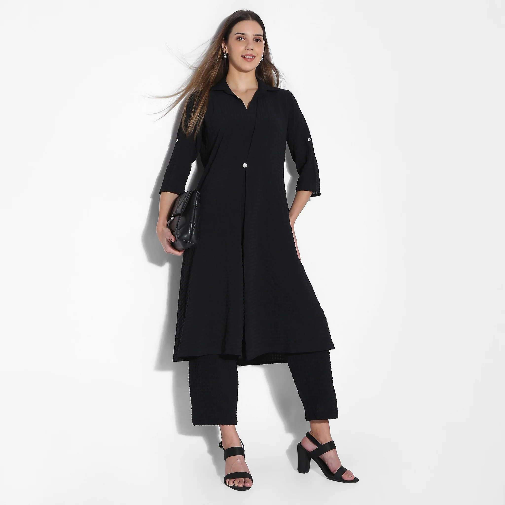 A-Line Centre Box Pleat Kurta With Short Collar And Pant Set