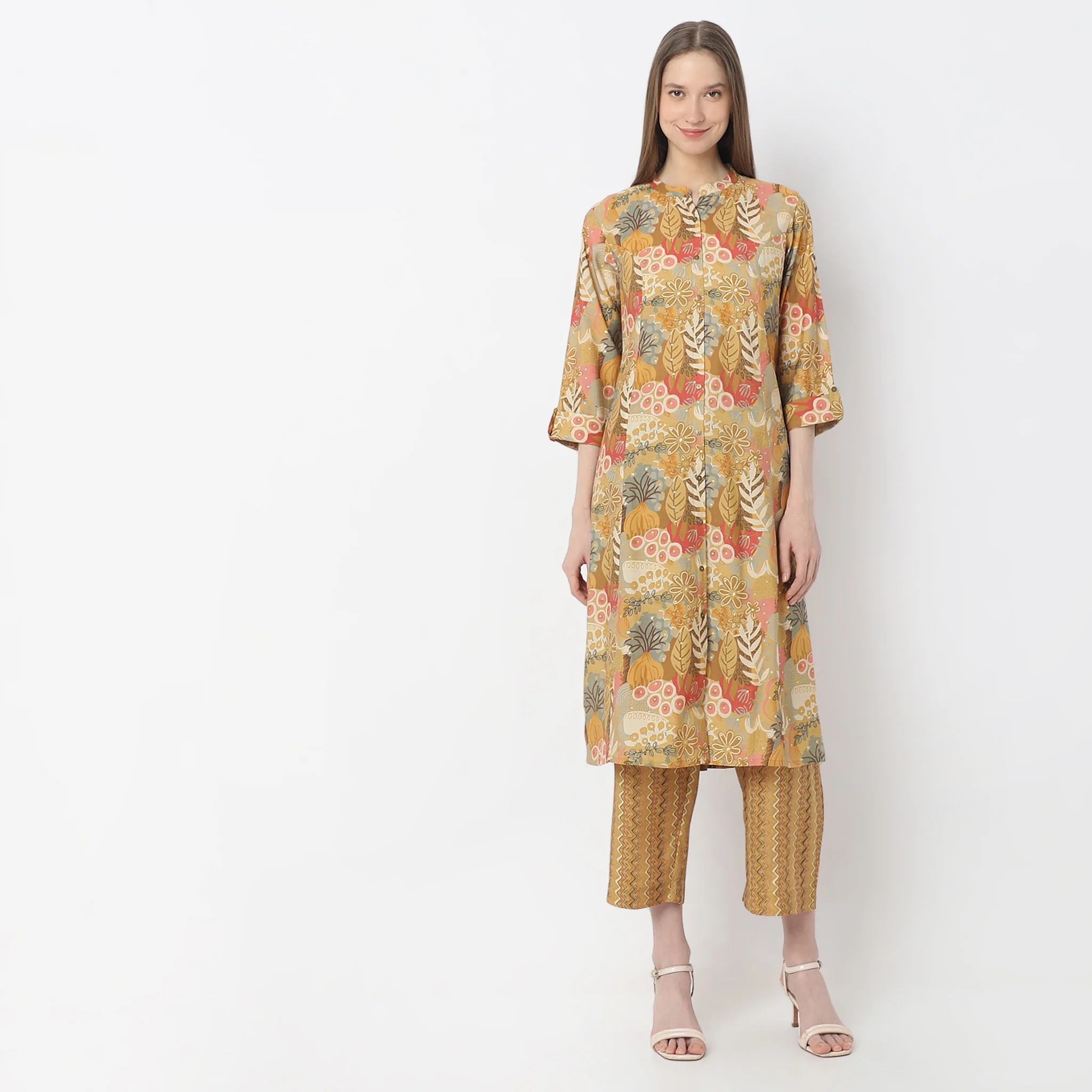A-Line Printed Band Collar Kurta With Pant Set - Image 2