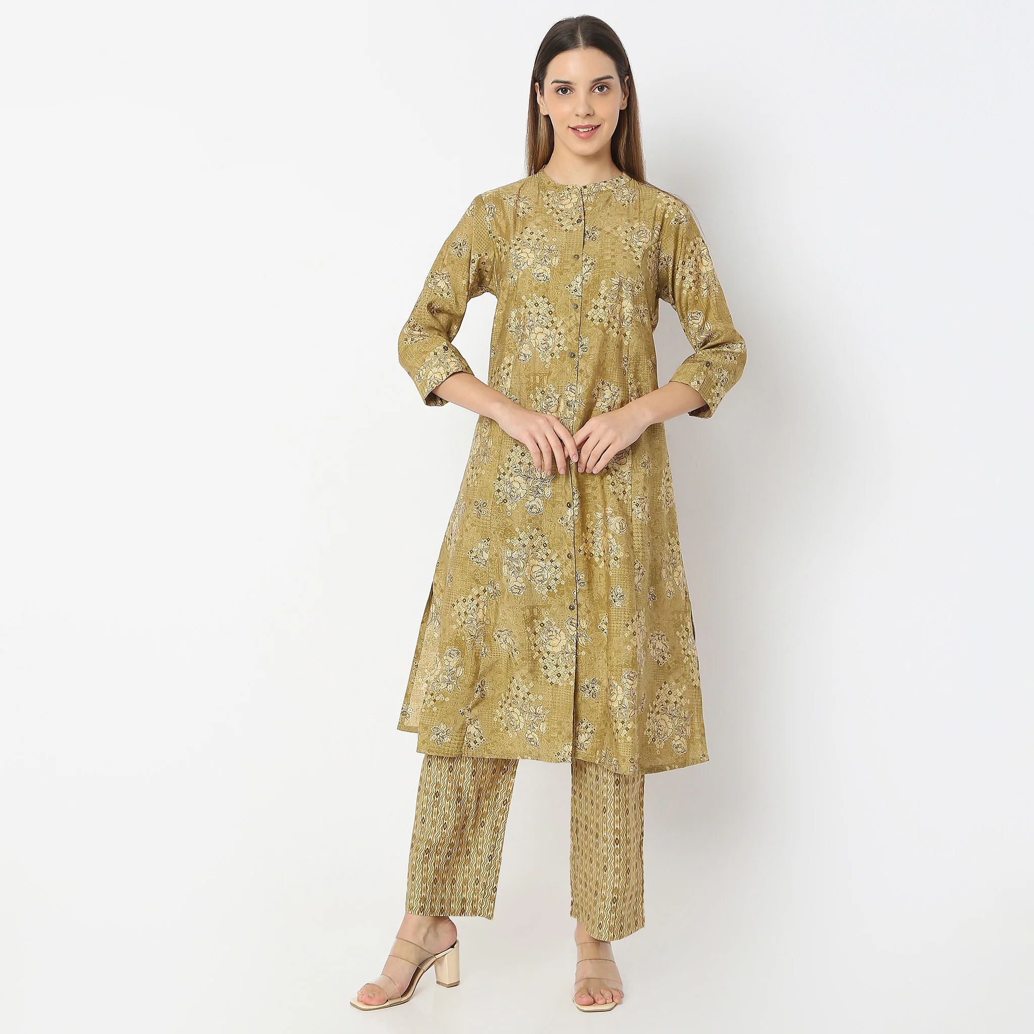 A-Line Printed Band Collar Kurta With Pant Set - Image 2