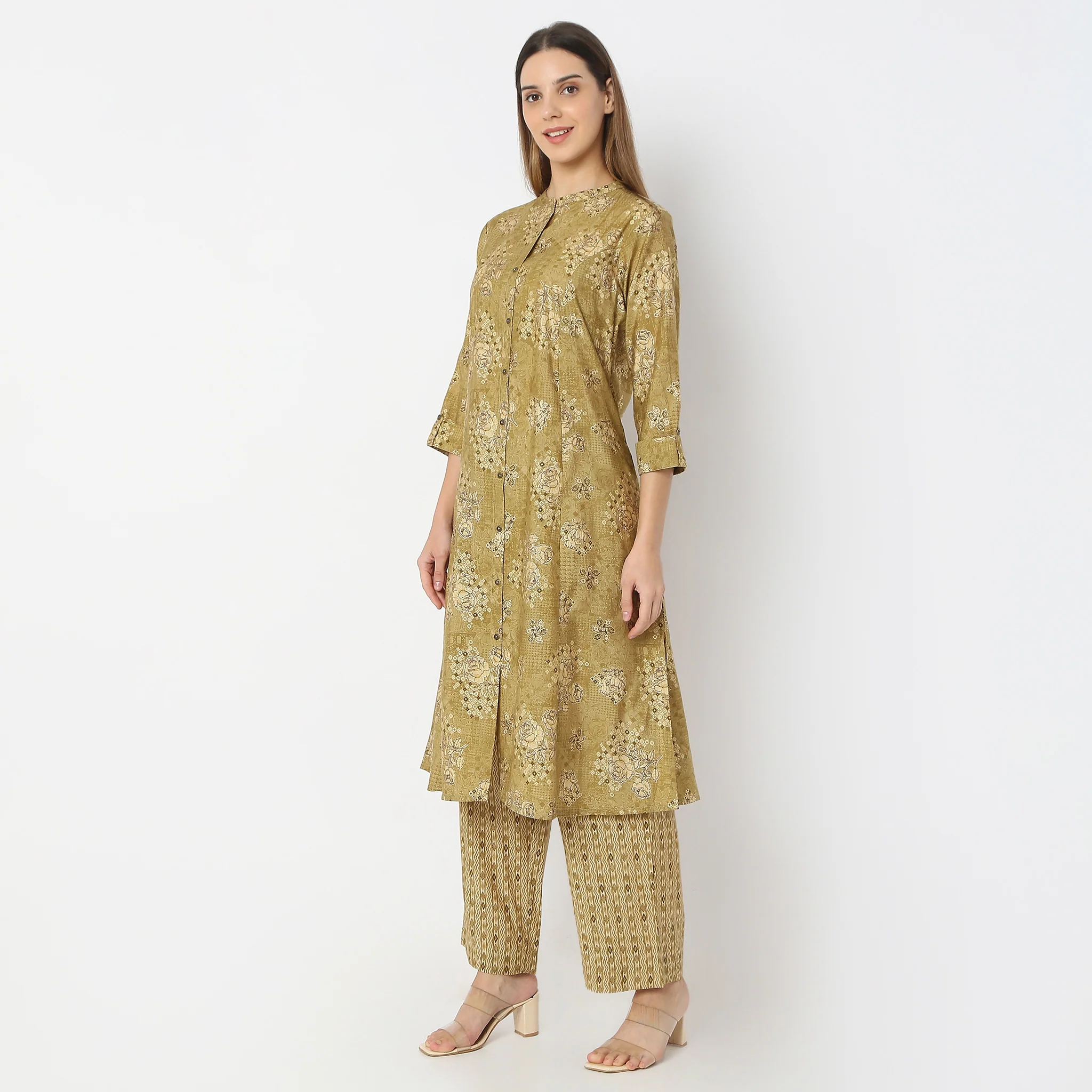 A-Line Printed Band Collar Kurta With Pant Set - Image 5