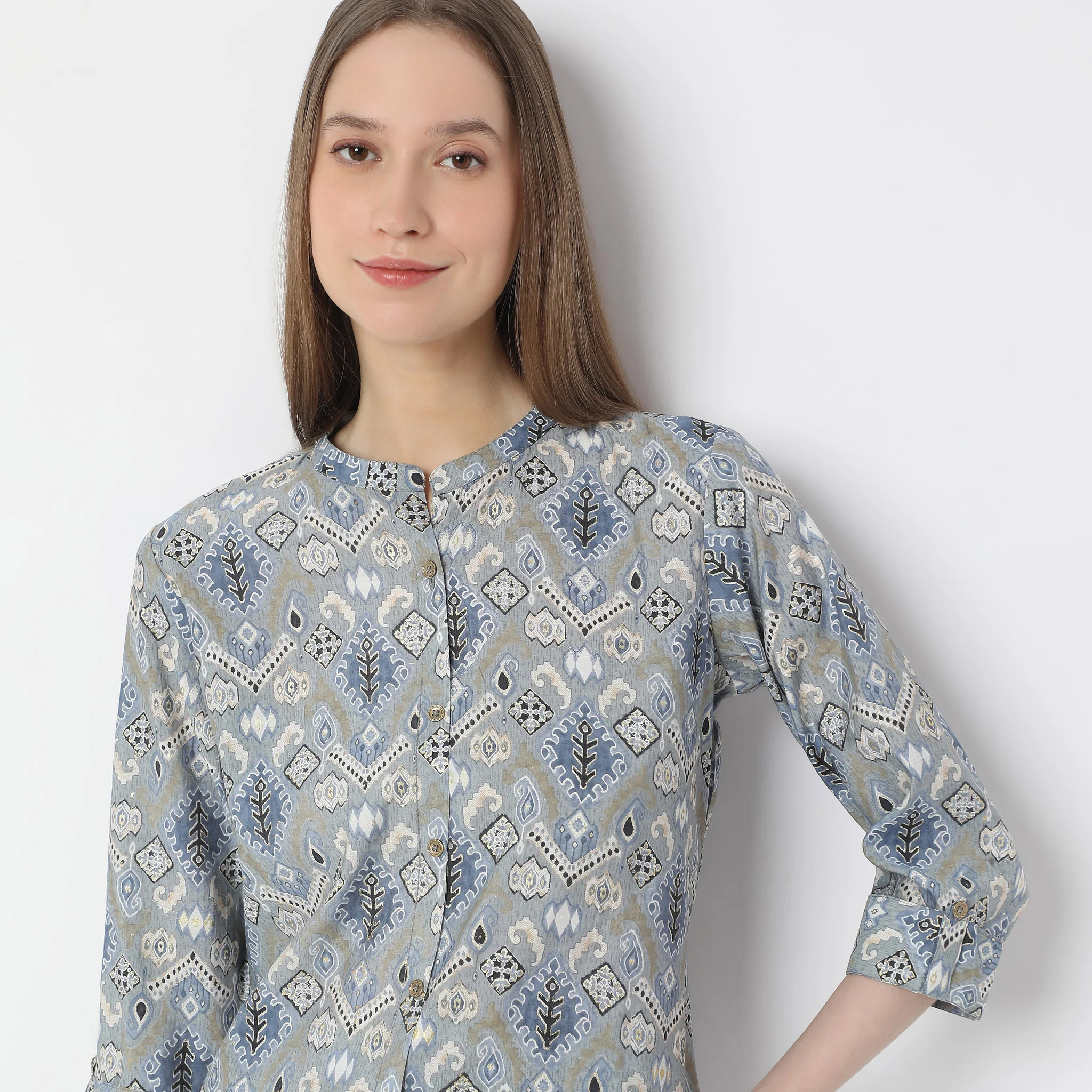 A-Line Printed Band Collar Kurta With Pant Set - Image 4