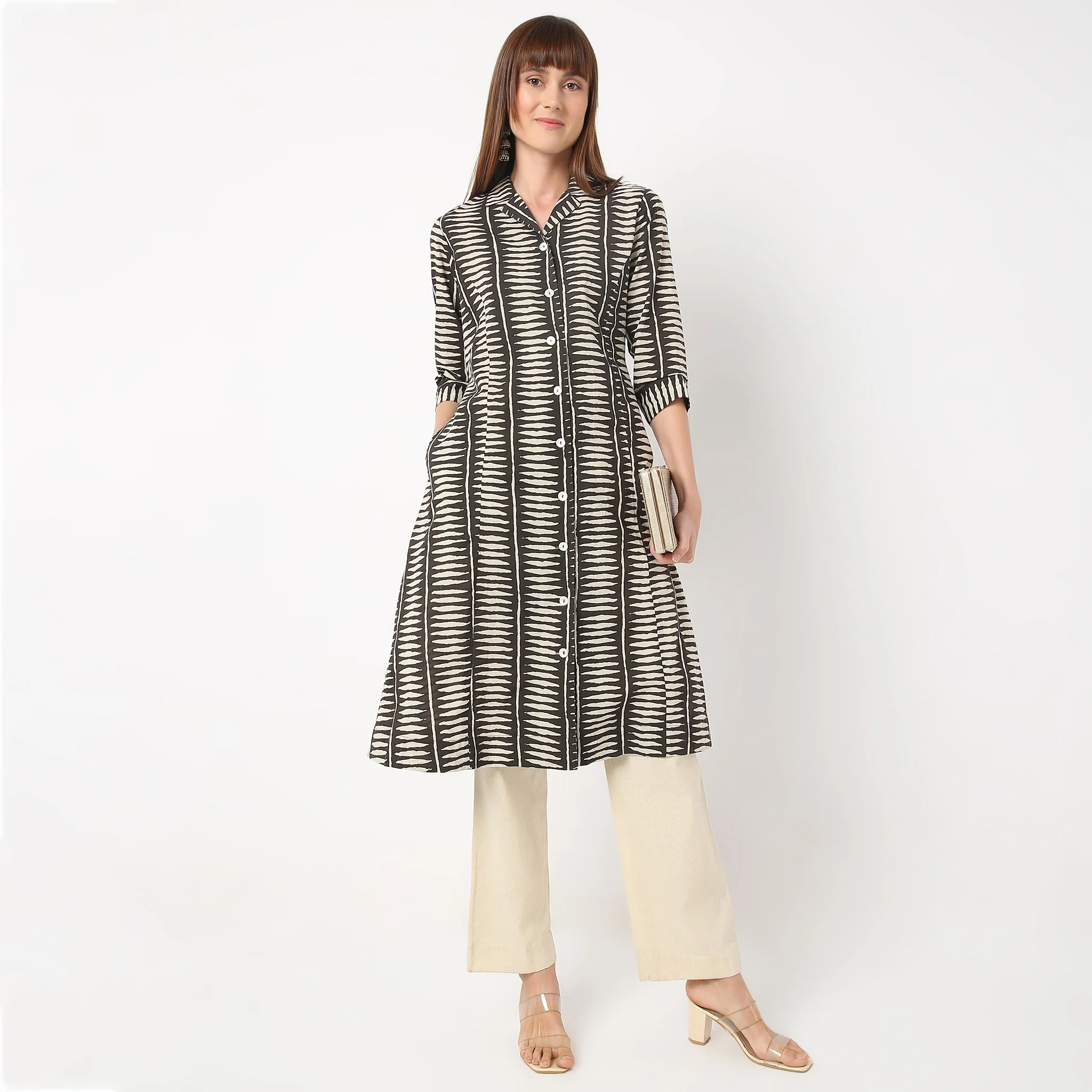 A-Line Printed Lapel Collar Flared Kurta
