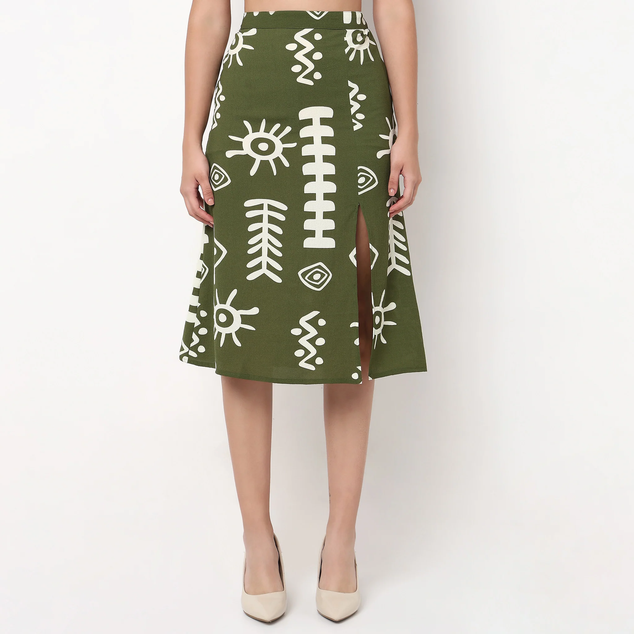 A-Line Printed Skirt with Slit - Image 2