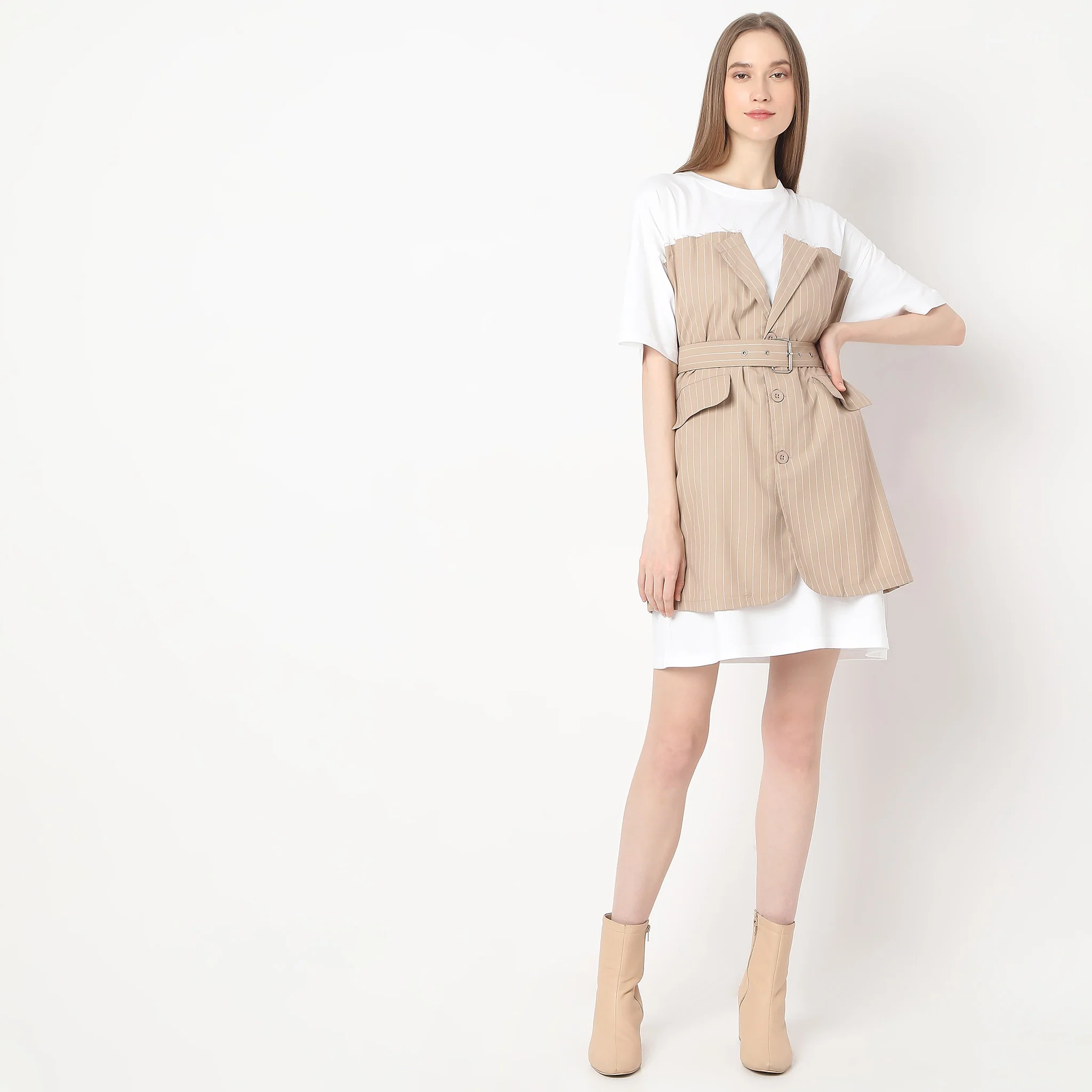 Above Knee Button-Down Detailing And Adjustable Belt Two Flap Pocket Dress - Image 2