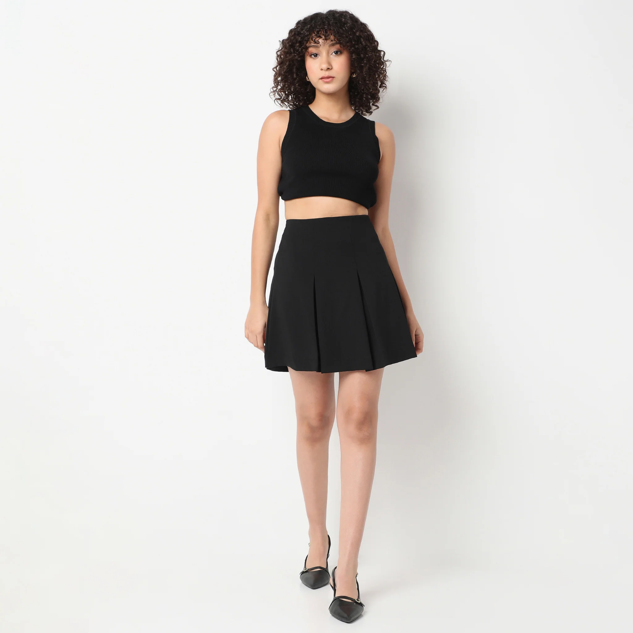 Above Knee High Rise Pleated Flared Skirt - Image 2