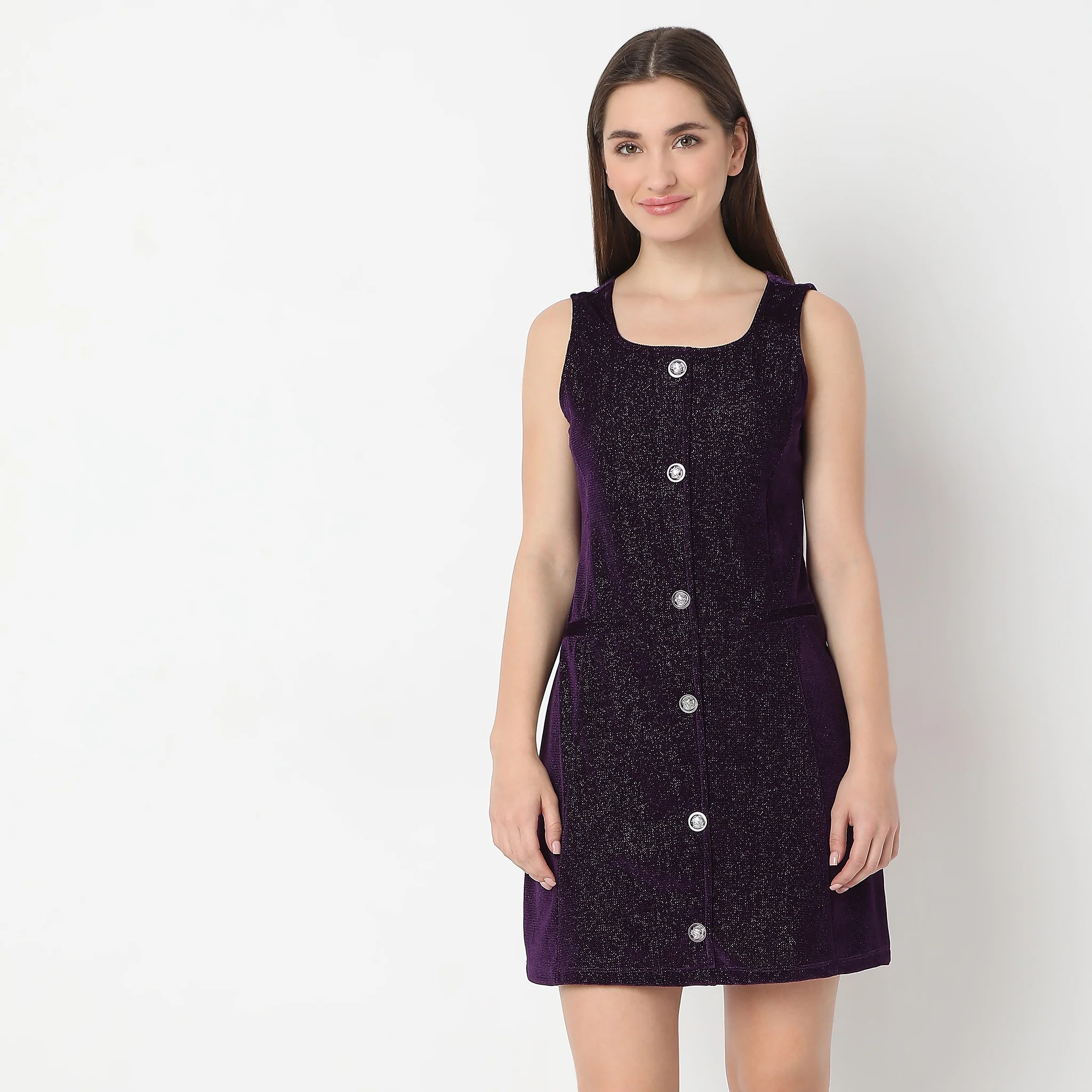 Above Knee With Front Button Solid Party Dress - Image 2