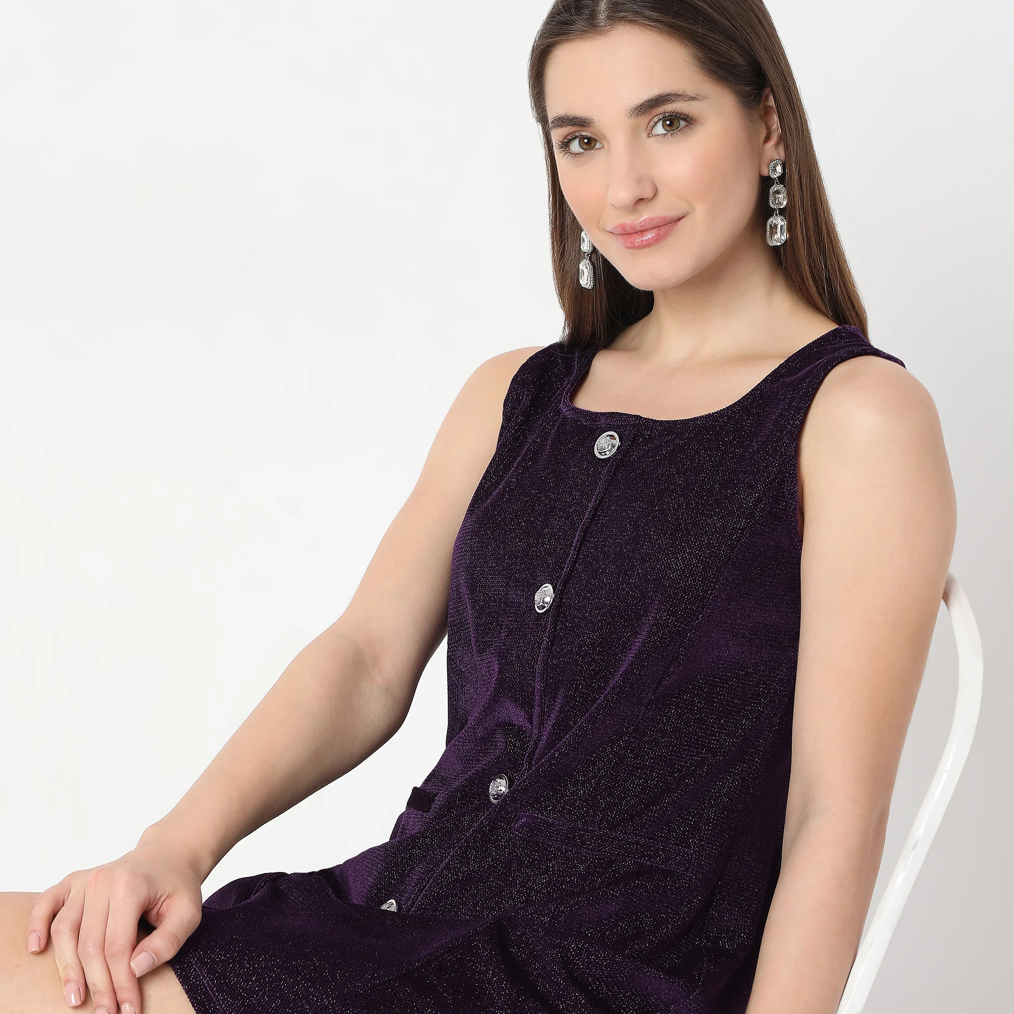 Above Knee With Front Button Solid Party Dress - Image 4