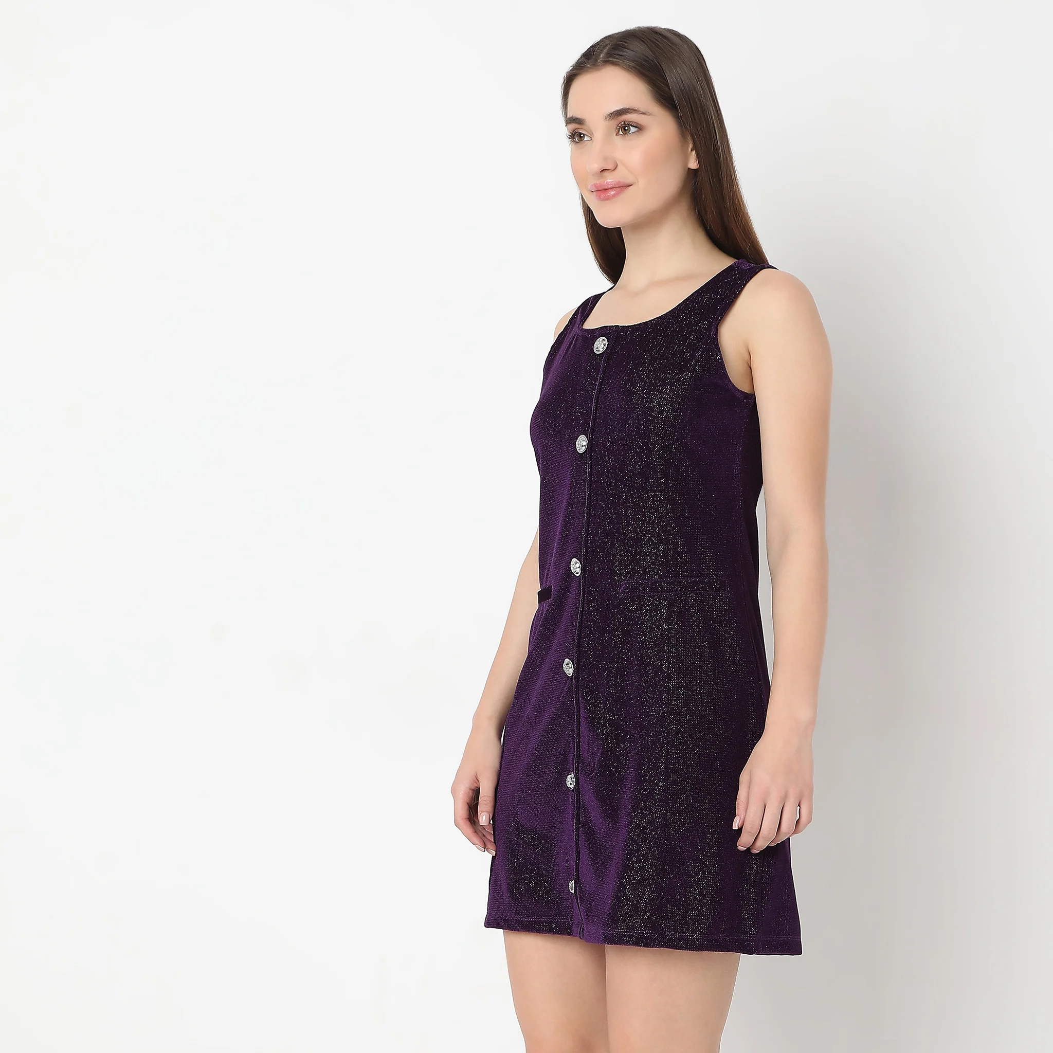 Above Knee With Front Button Solid Party Dress - Image 5