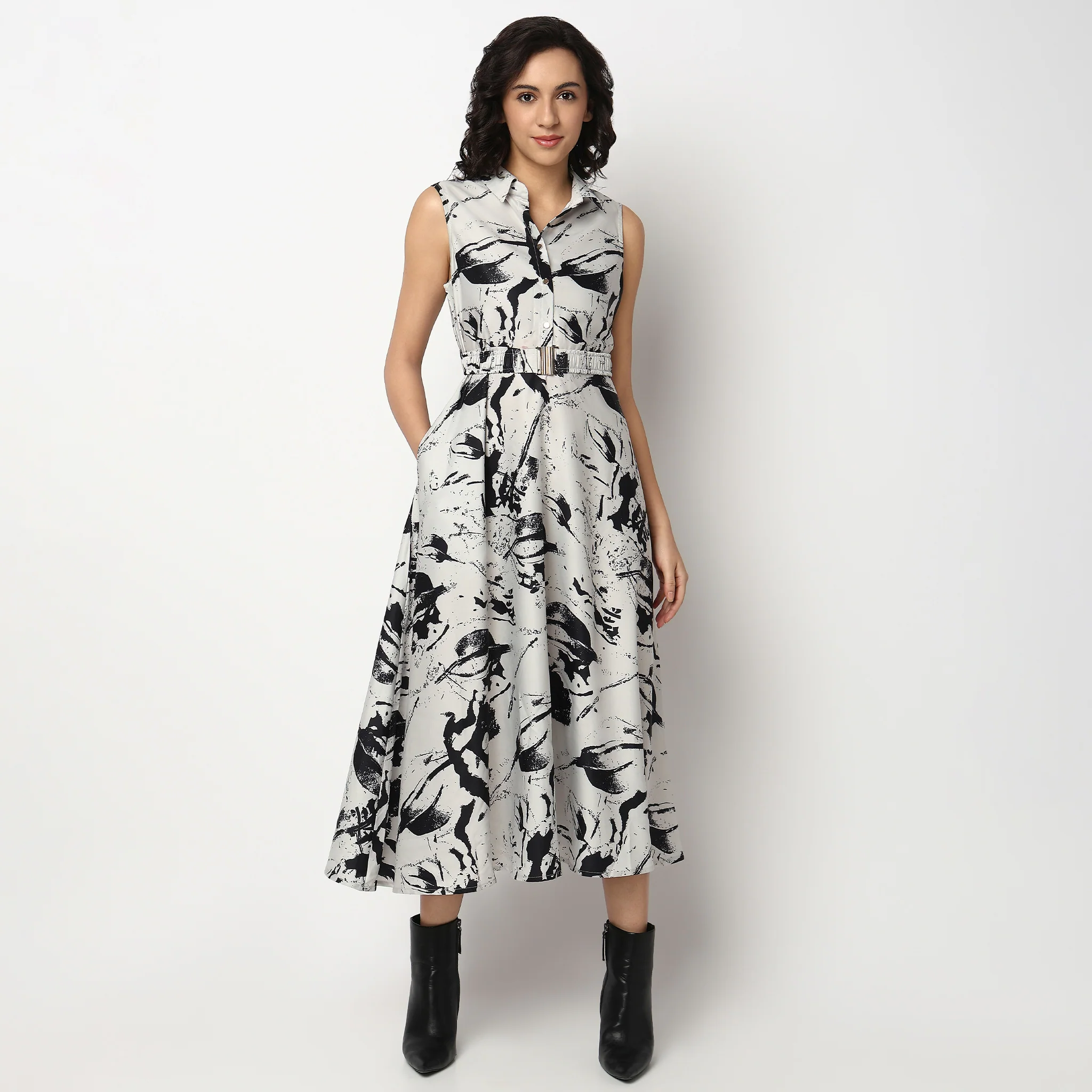 Abstract Print Shirt Collar Dress with Belt - Image 2