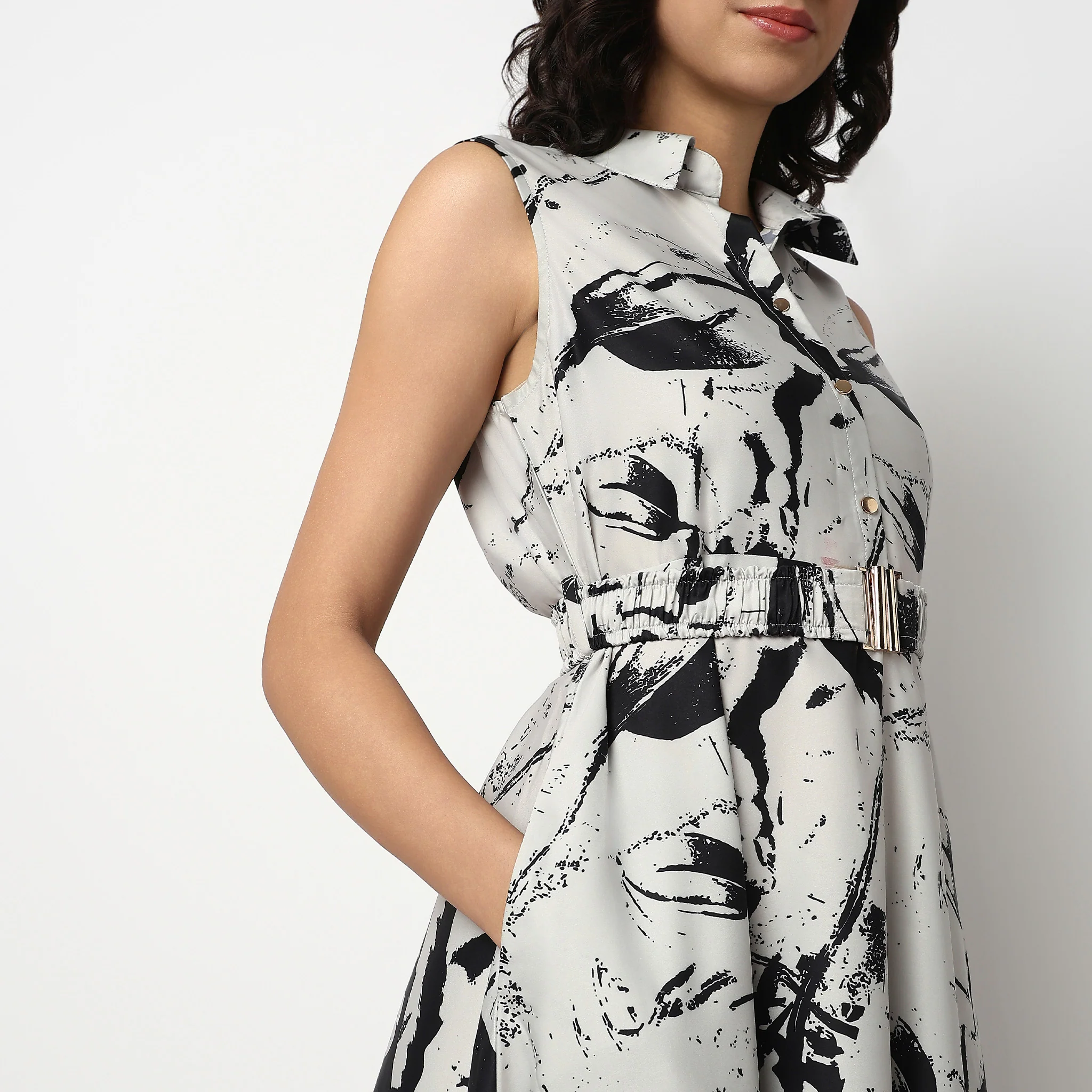 Abstract Print Shirt Collar Dress with Belt - Image 4
