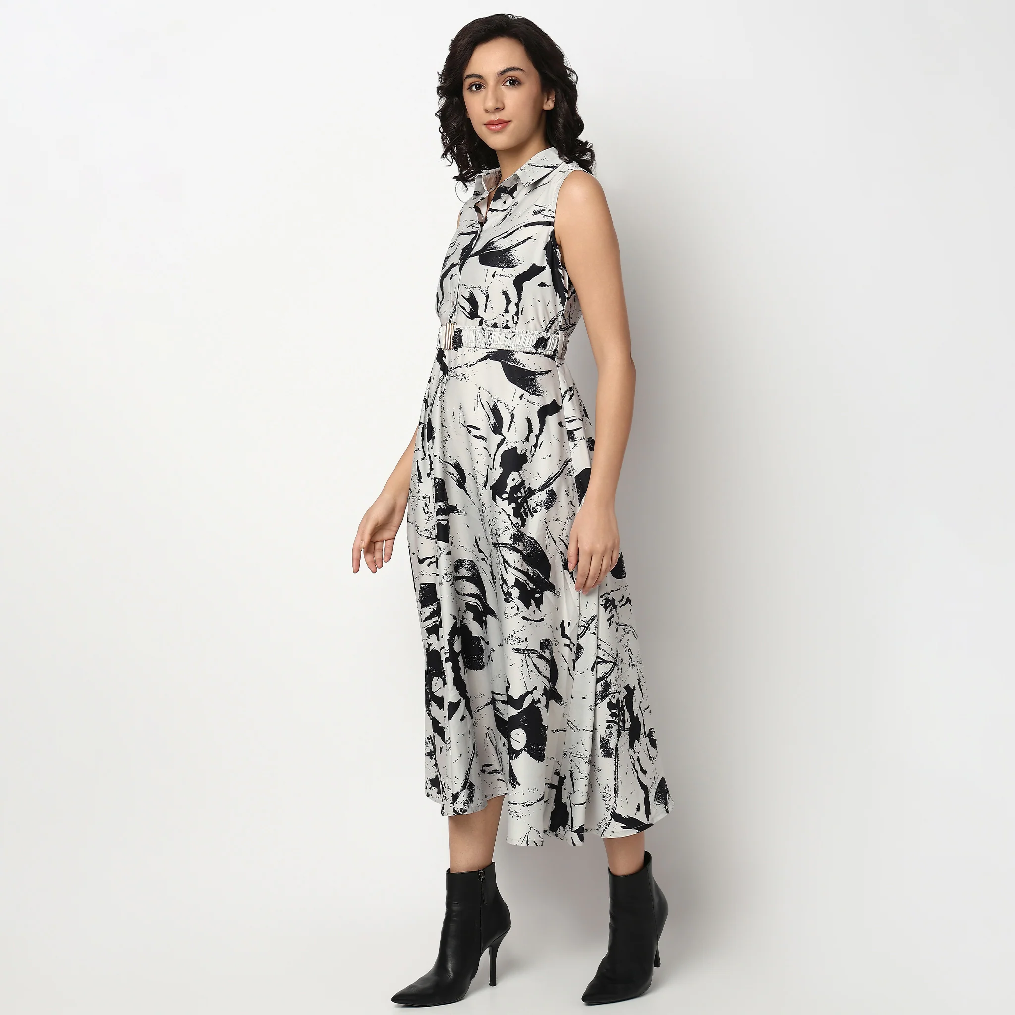 Abstract Print Shirt Collar Dress with Belt - Image 5