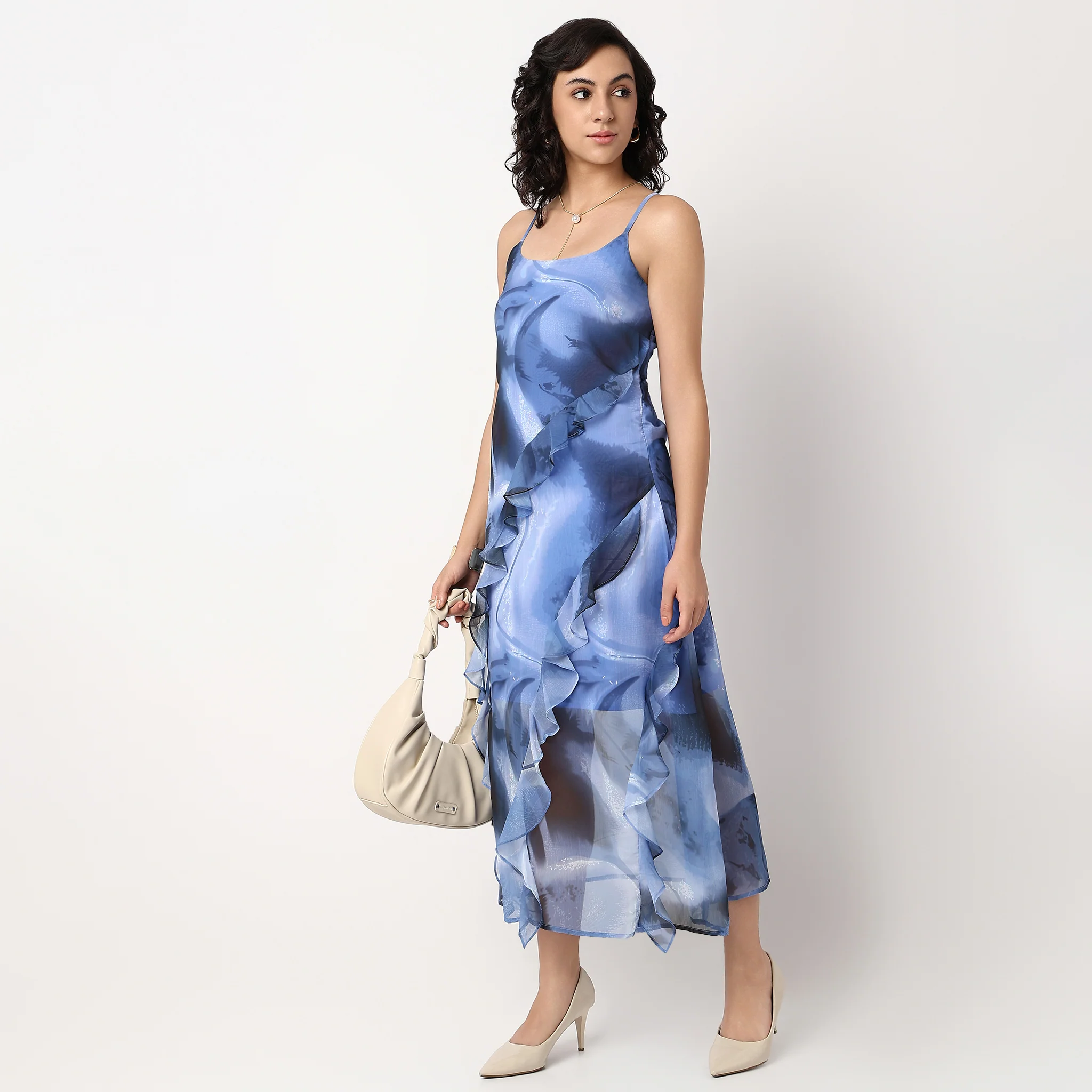 Abstract Print Flared A-Line Ruffle Detail Dress