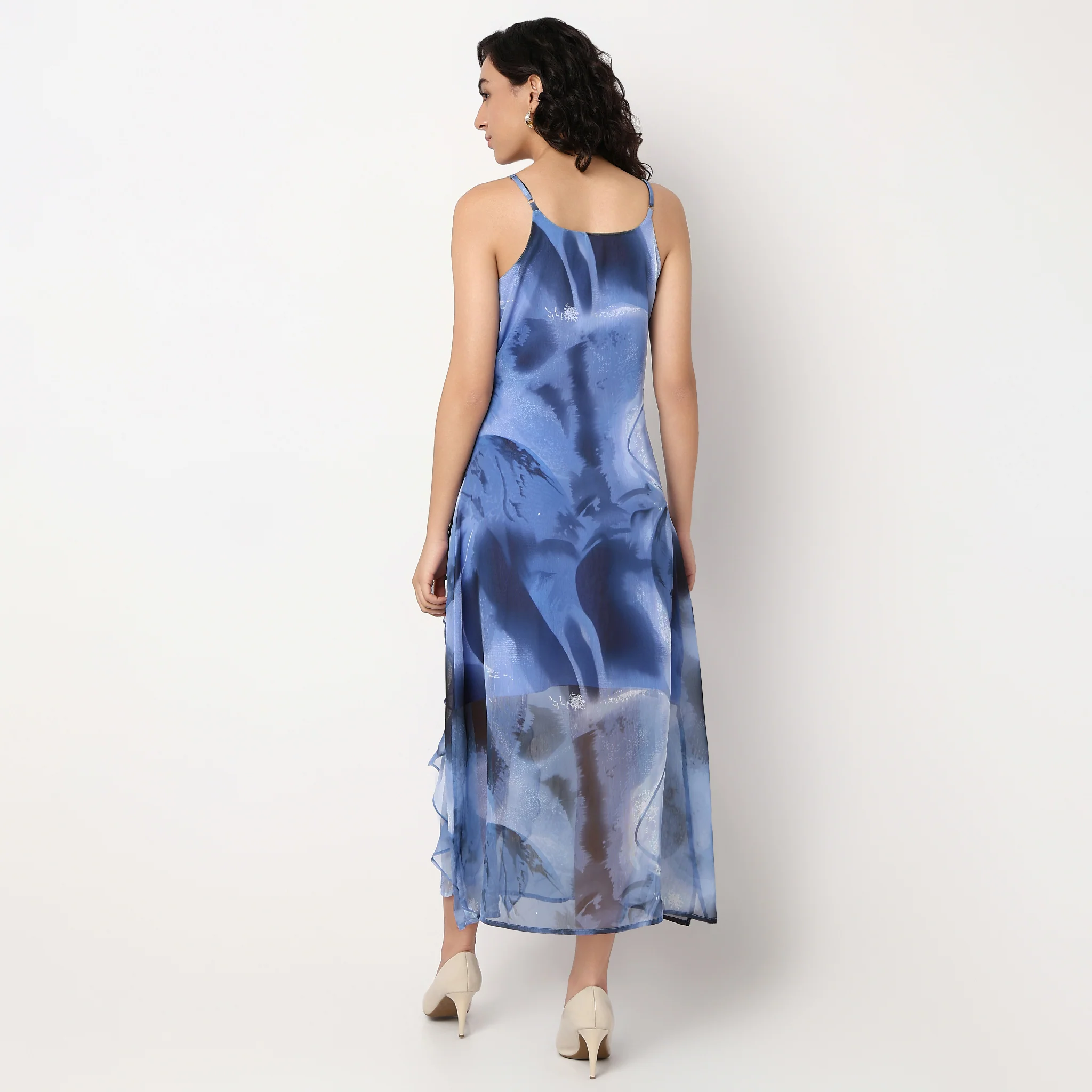 Abstract Print Flared A-Line Ruffle Detail Dress - Image 3