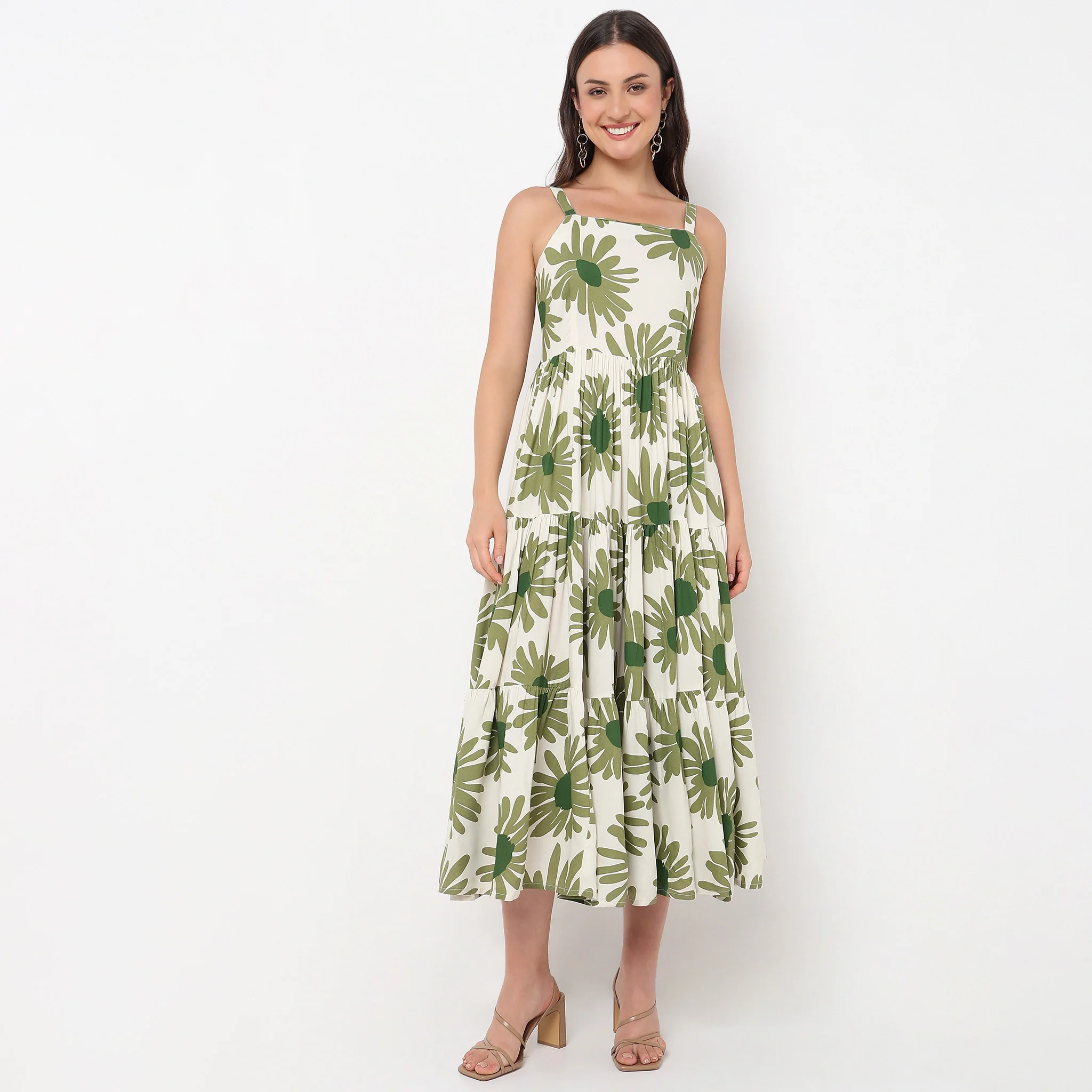 Abstract Square Neck Sleeveless Tiered Dress - Image 2