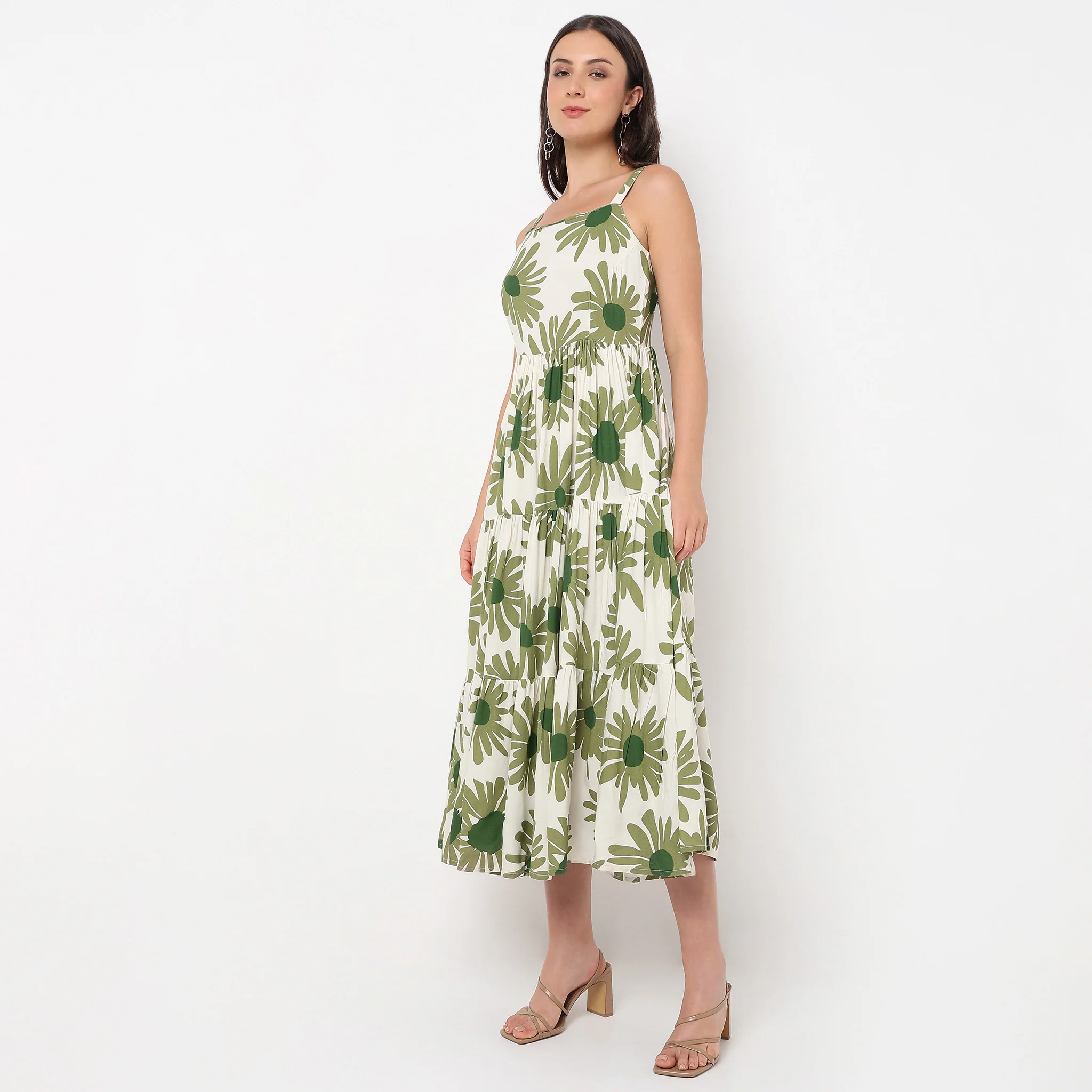 Abstract Square Neck Sleeveless Tiered Dress - Image 4