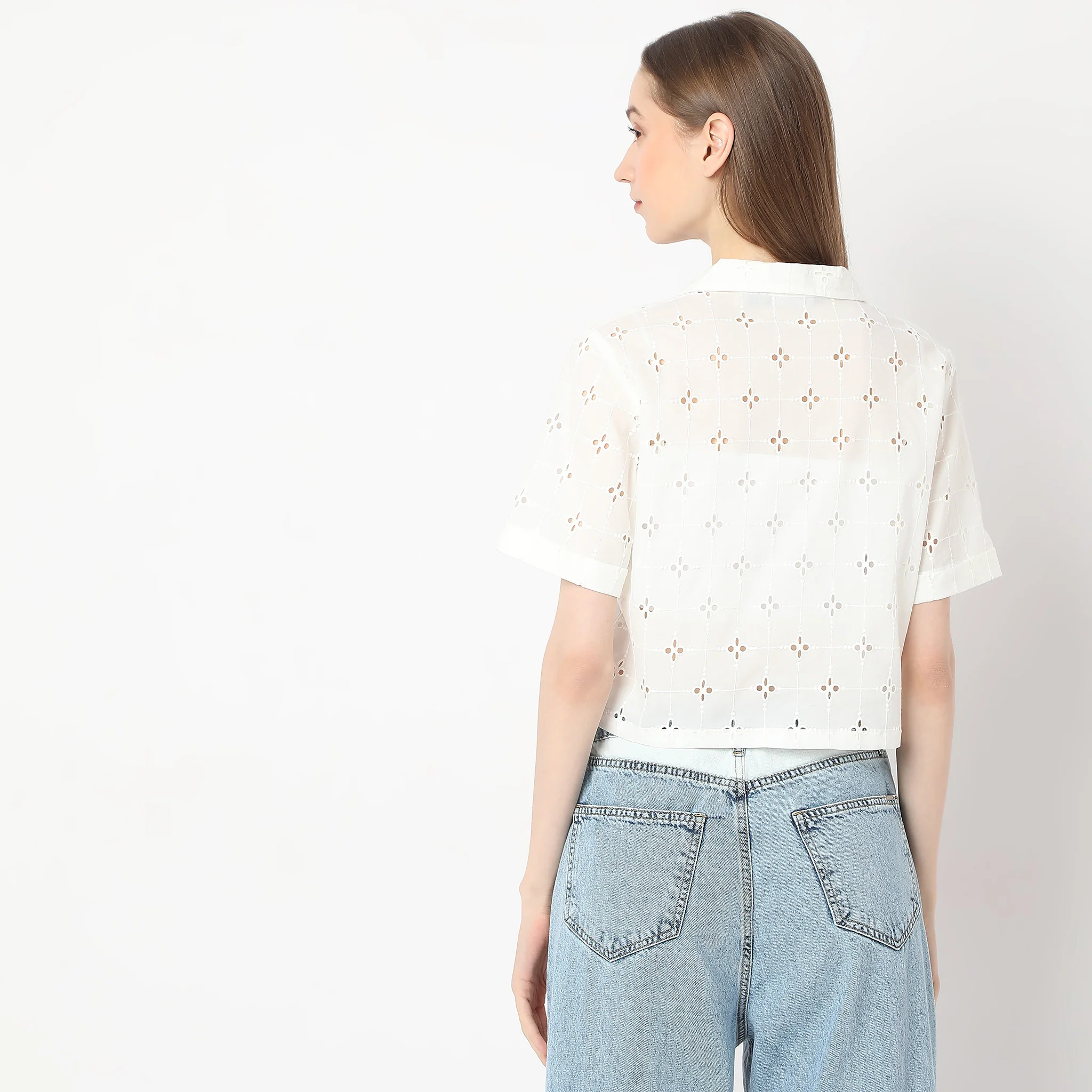 All Over Schffli Shirt Made With Comfortable Fabric Lapel Collar Shirt - Image 3