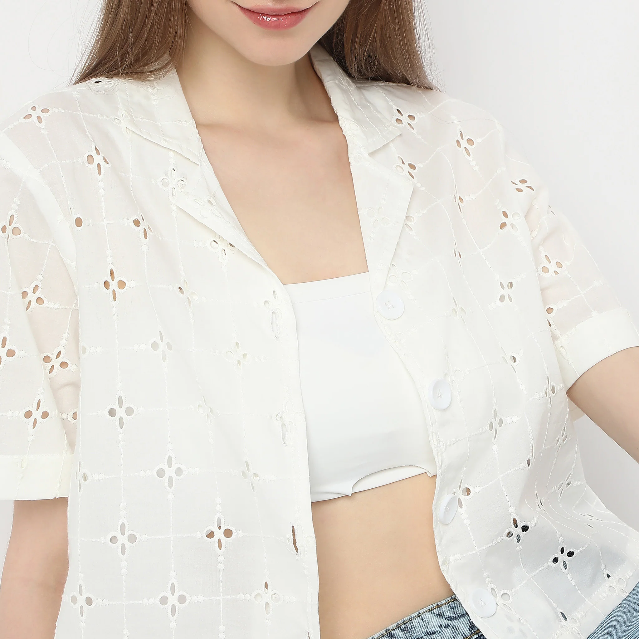 All Over Schffli Shirt Made With Comfortable Fabric Lapel Collar Shirt - Image 4