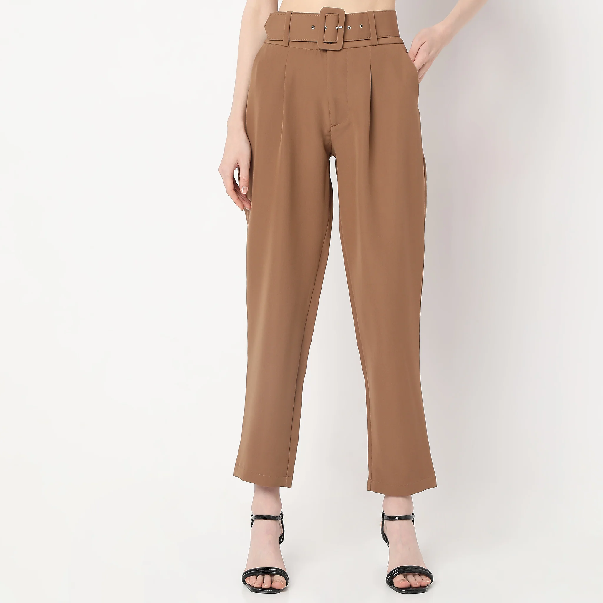 Ankle Length Front Pleated Buckle Belt High Rise Trousers - Image 2