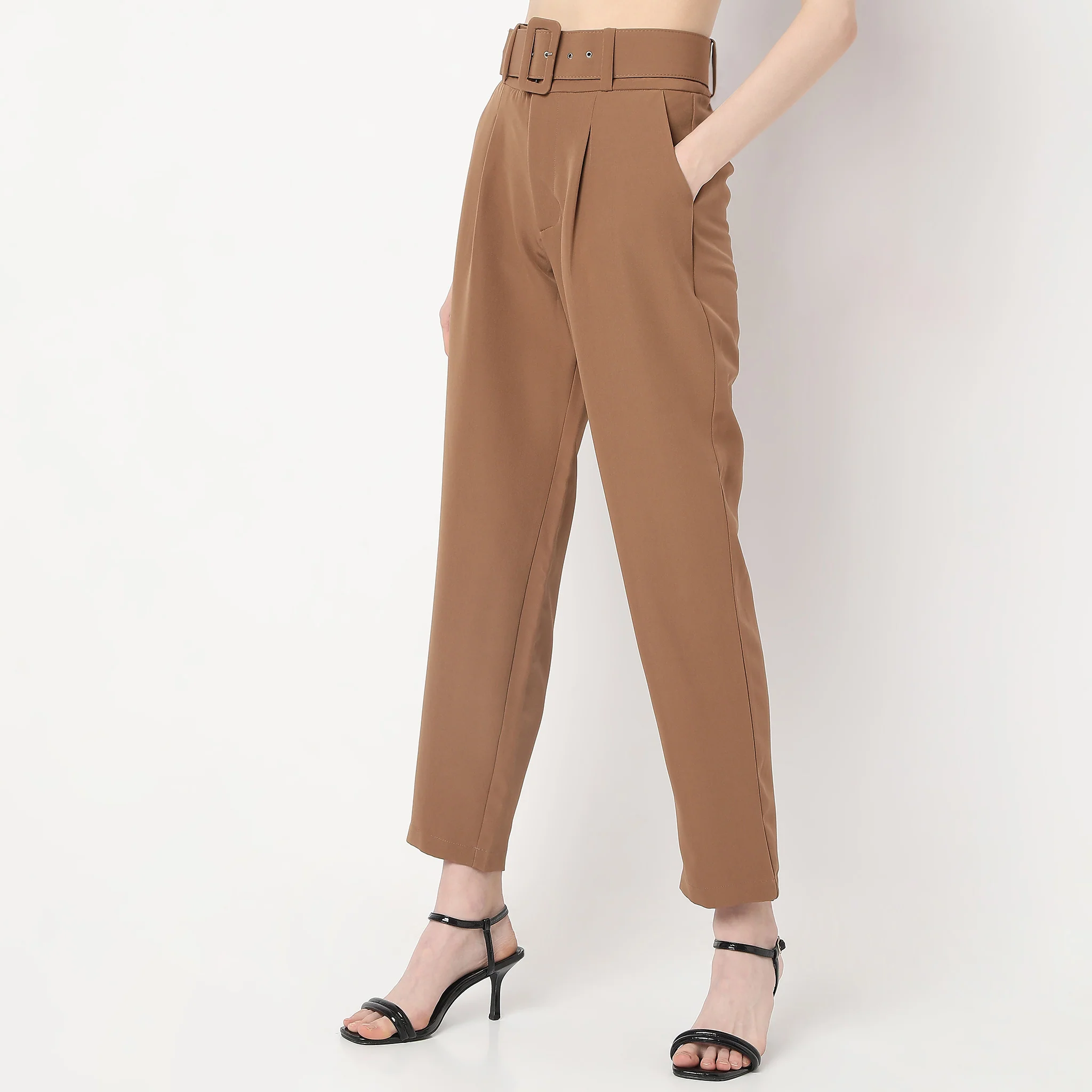 Ankle Length Front Pleated Buckle Belt High Rise Trousers - Image 5