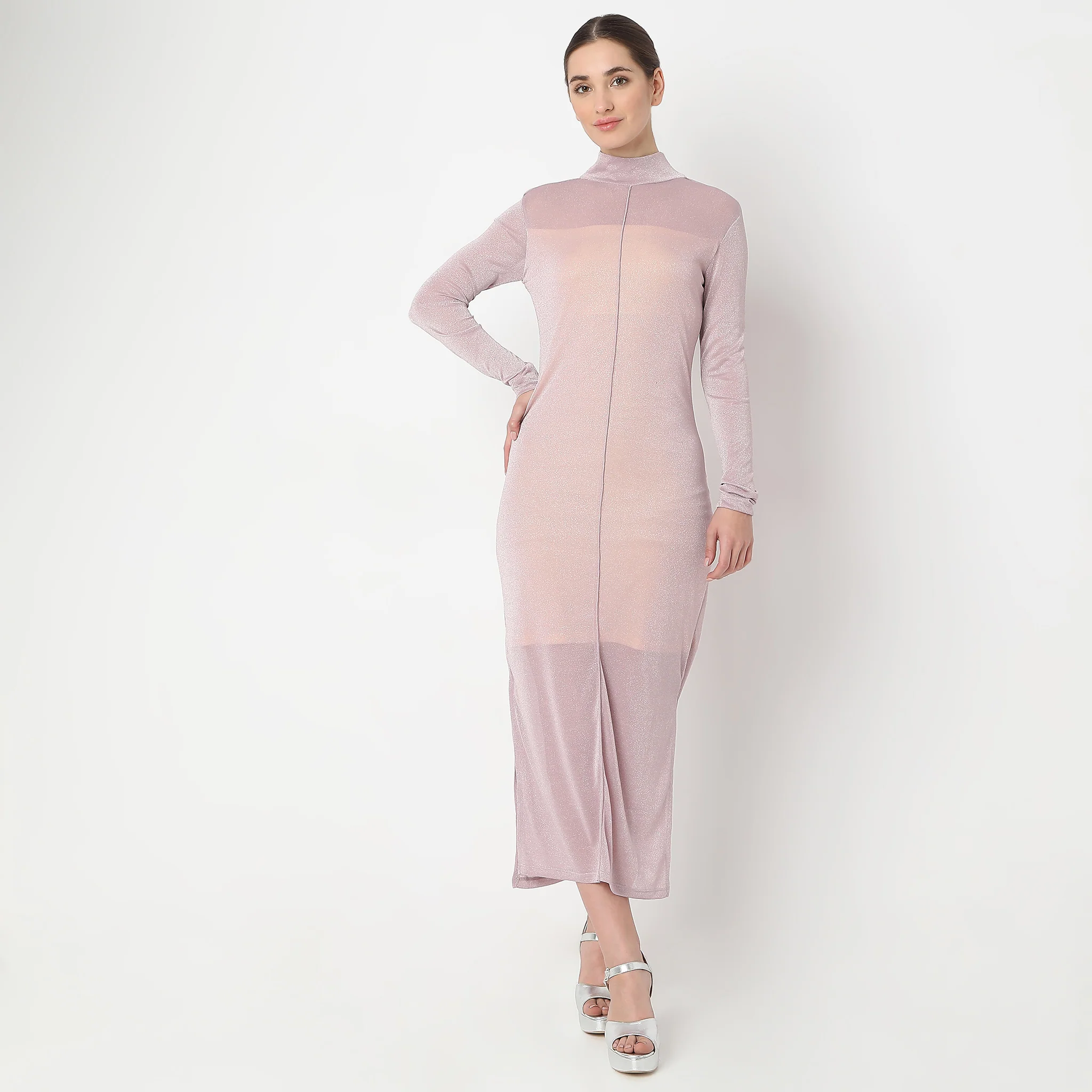 Ankle Length Full Sleeve With Mock Turtle Neck Shimmer Sheith Party Dress - Image 2