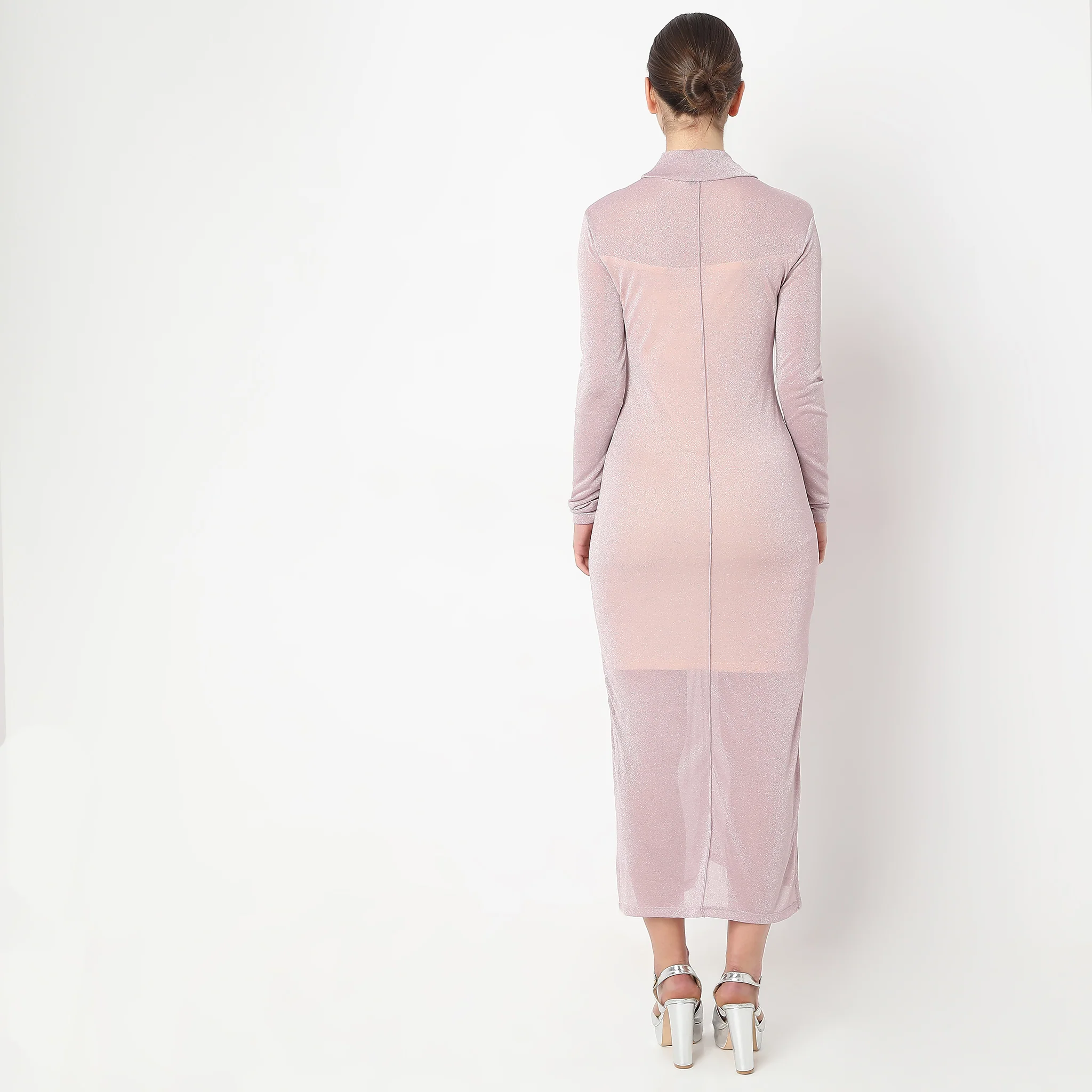 Ankle Length Full Sleeve With Mock Turtle Neck Shimmer Sheith Party Dress - Image 3