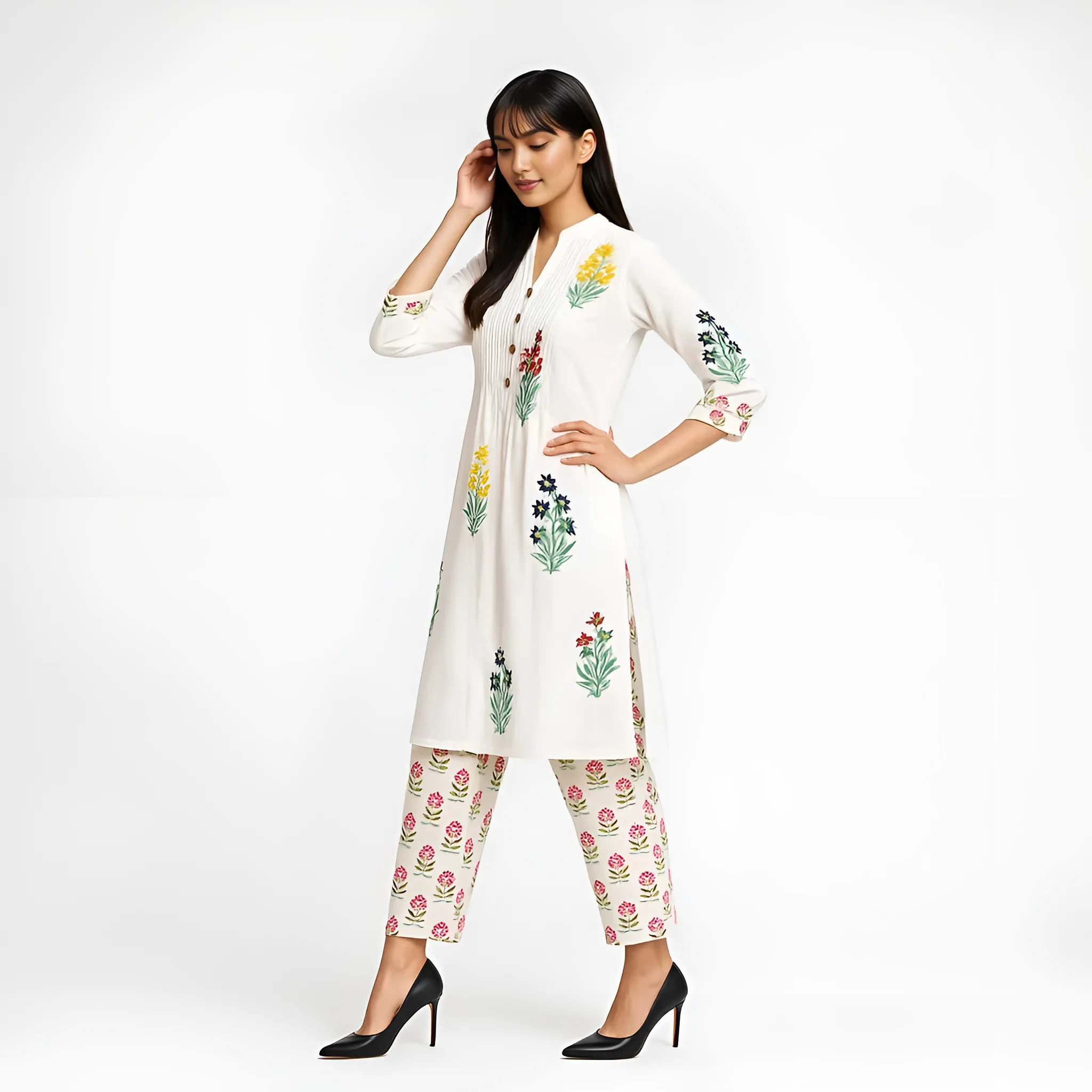Band Collar Prinetd Flared Kurta and Pant Set - Image 4