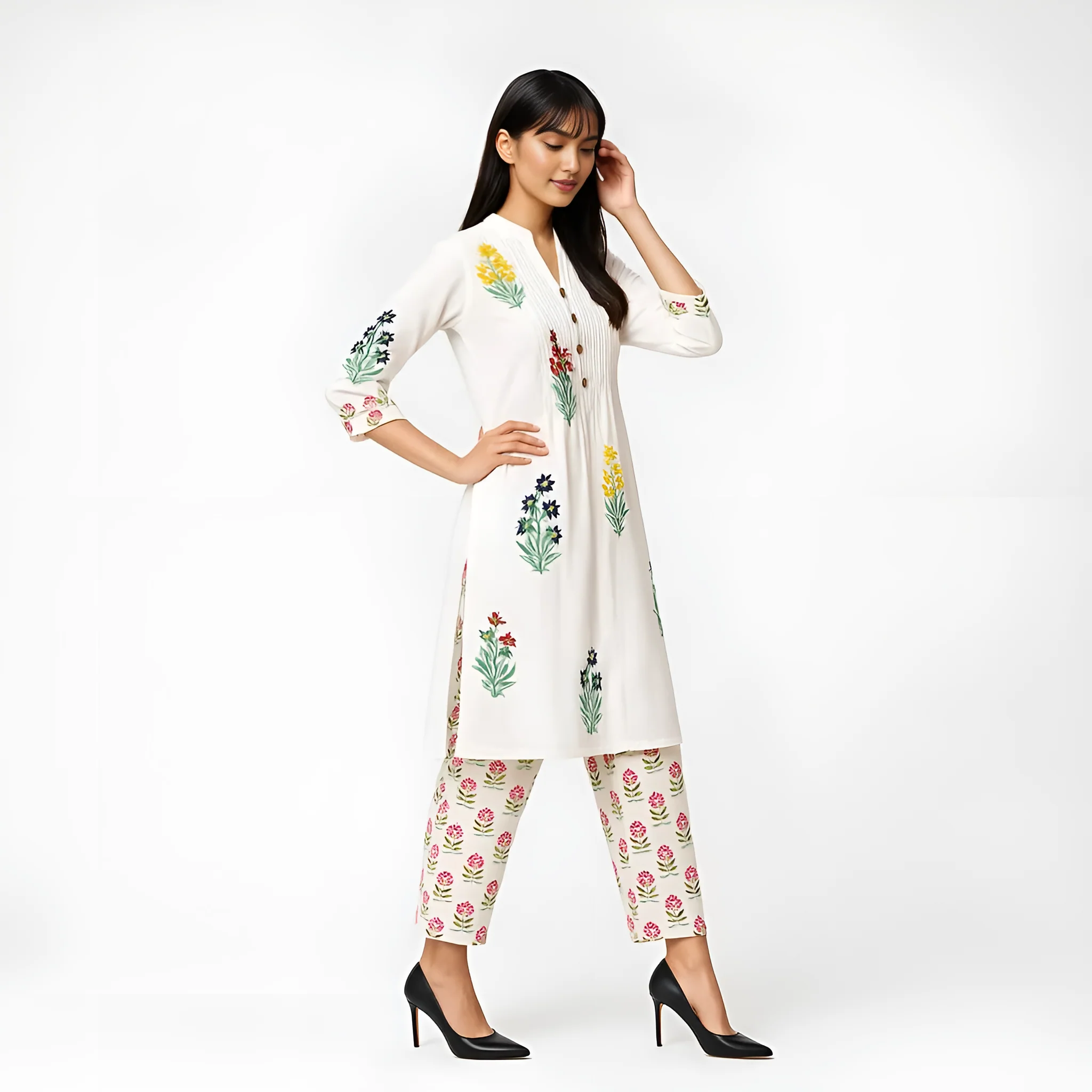 Band Collar Prinetd Flared Kurta and Pant Set - Image 5
