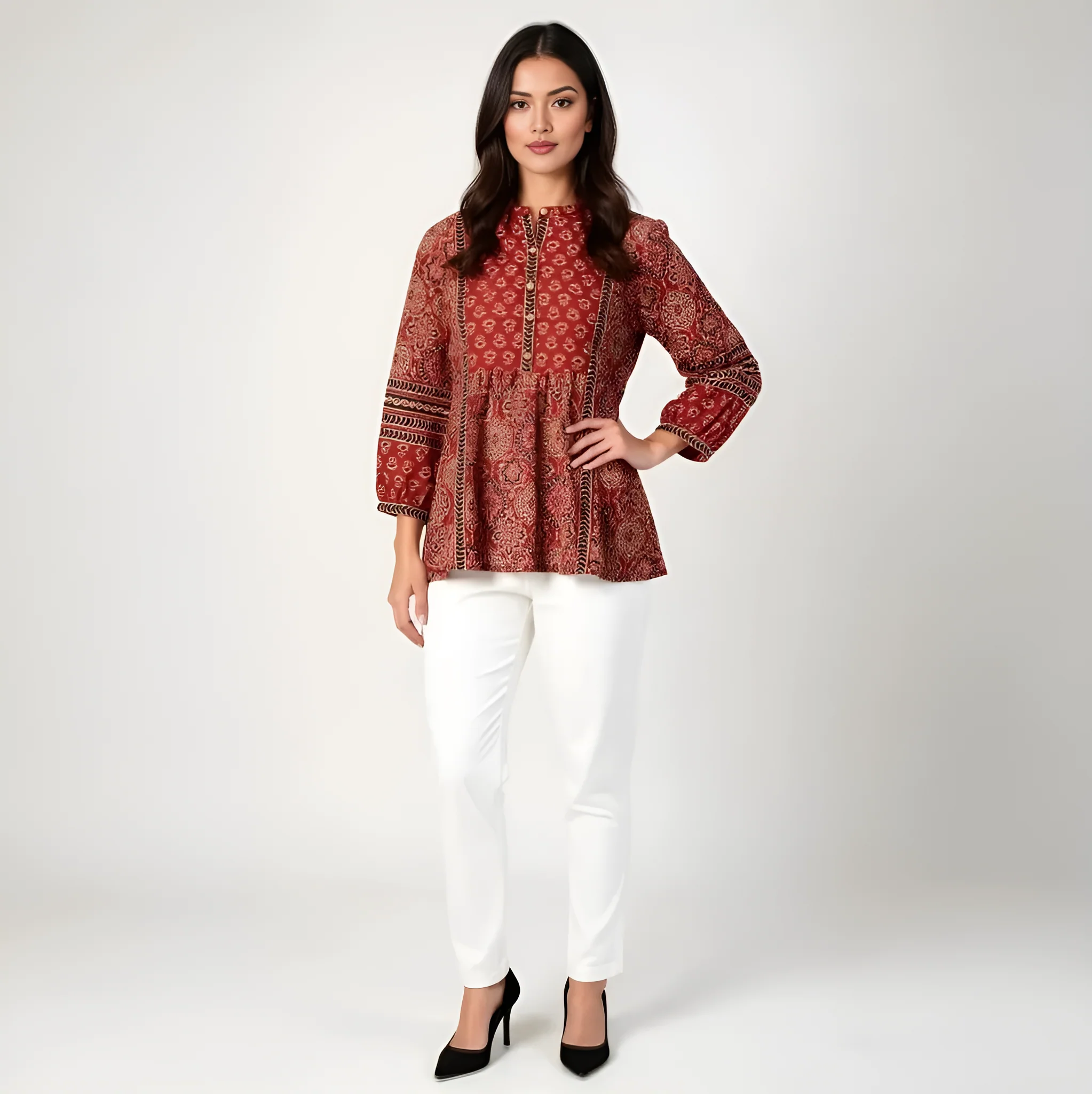 Band Collar Printed Flared Short Kurta - Image 2