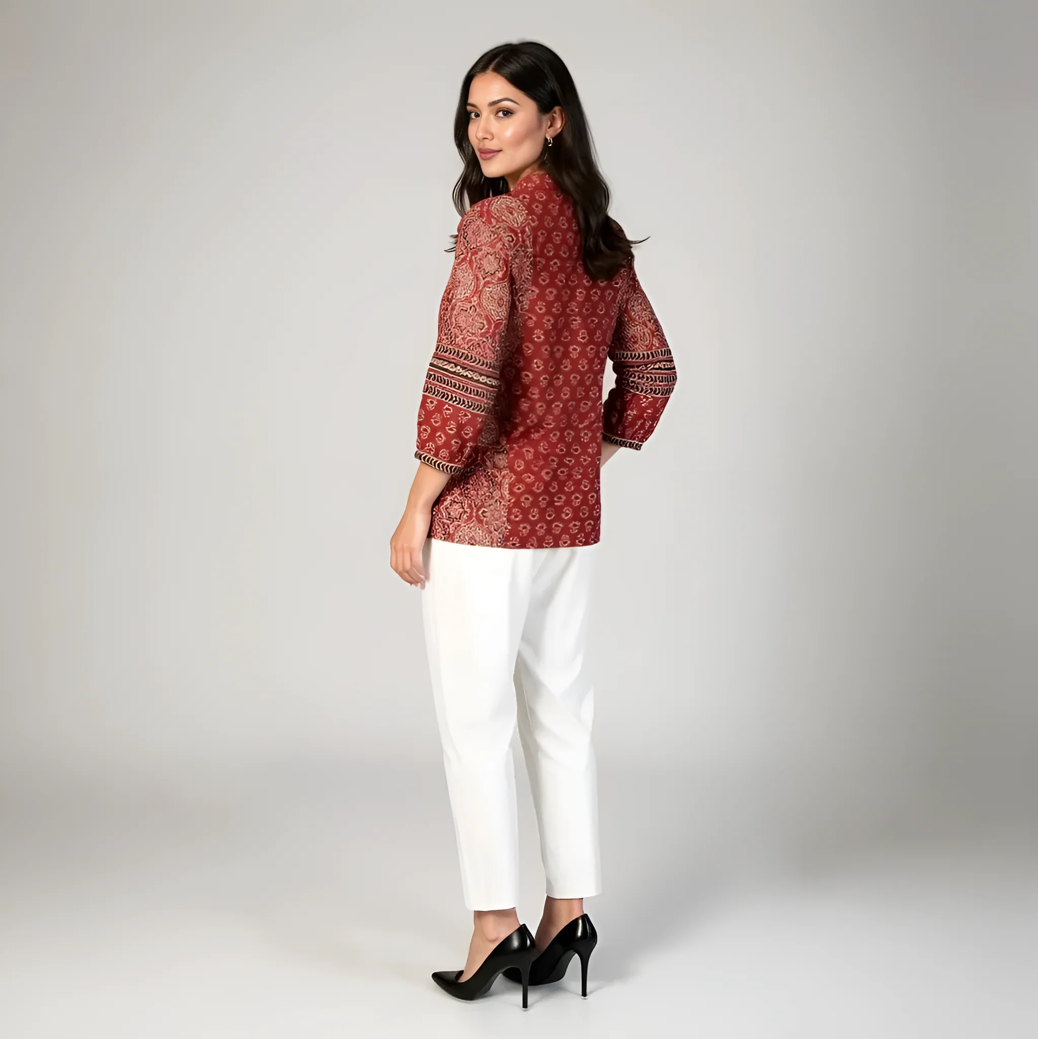 Band Collar Printed Flared Short Kurta - Image 3