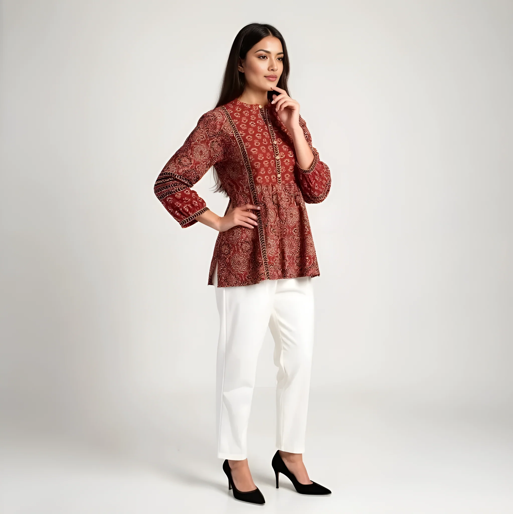 Band Collar Printed Flared Short Kurta - Image 4