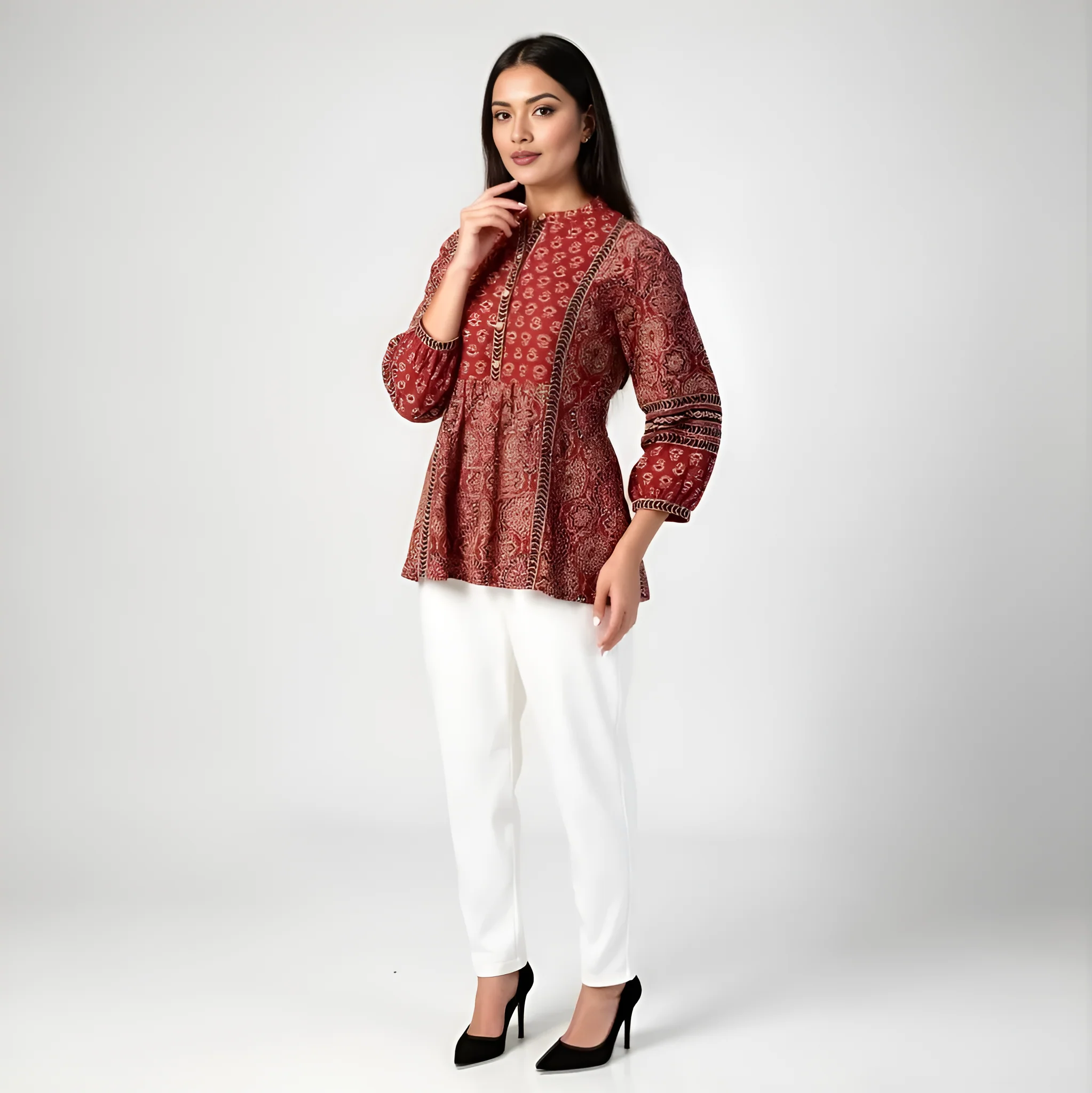 Band Collar Printed Flared Short Kurta - Image 5