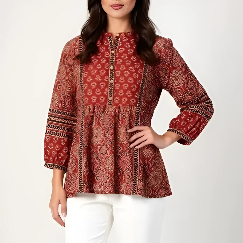 Band Collar Printed Flared Short Kurta - Image 6