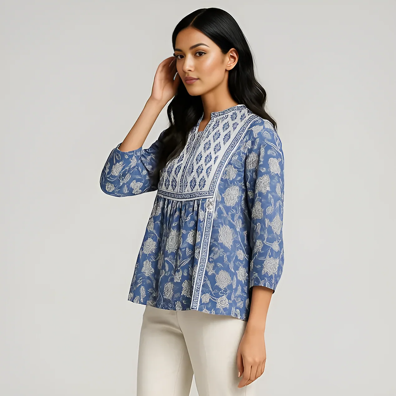 Band Collar Printed Flared Short Kurta - Image 4