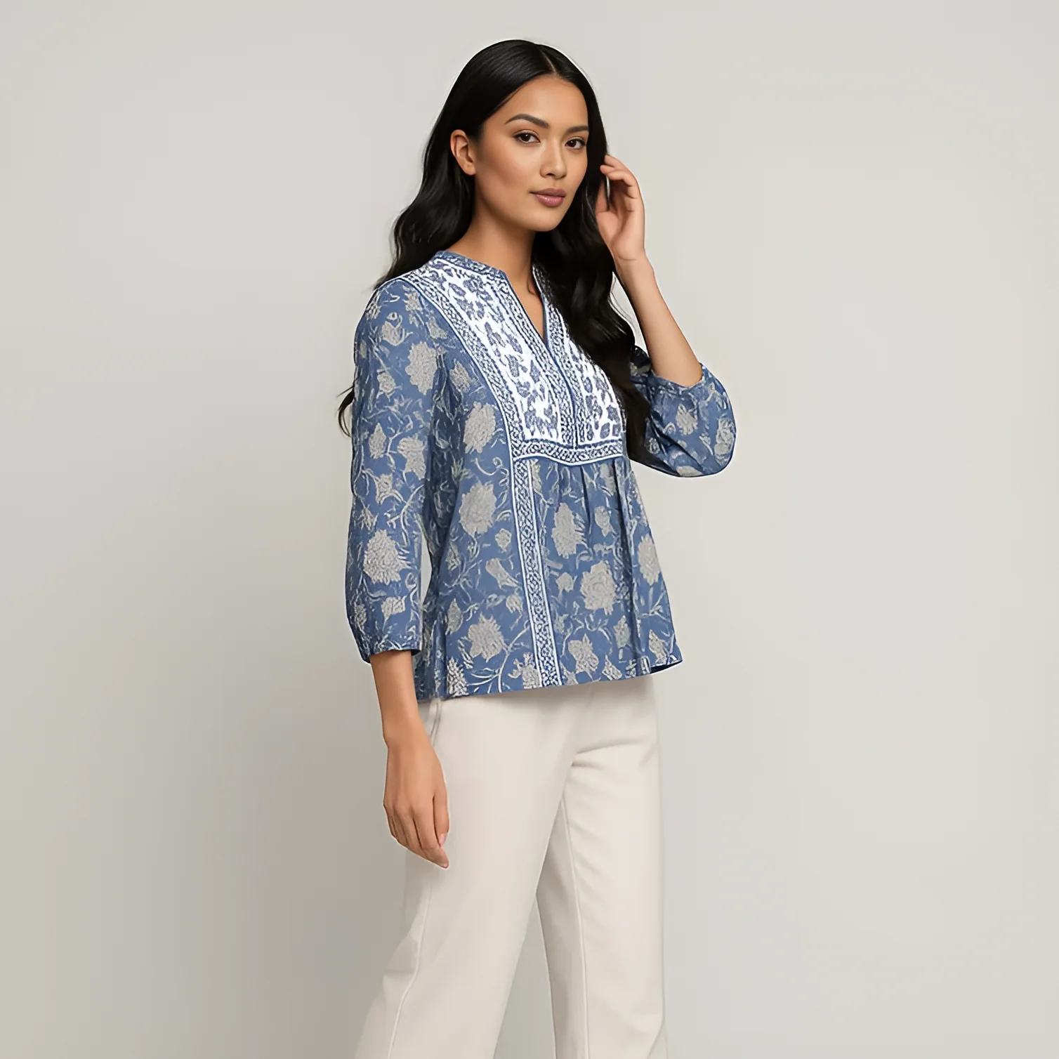 Band Collar Printed Flared Short Kurta - Image 5