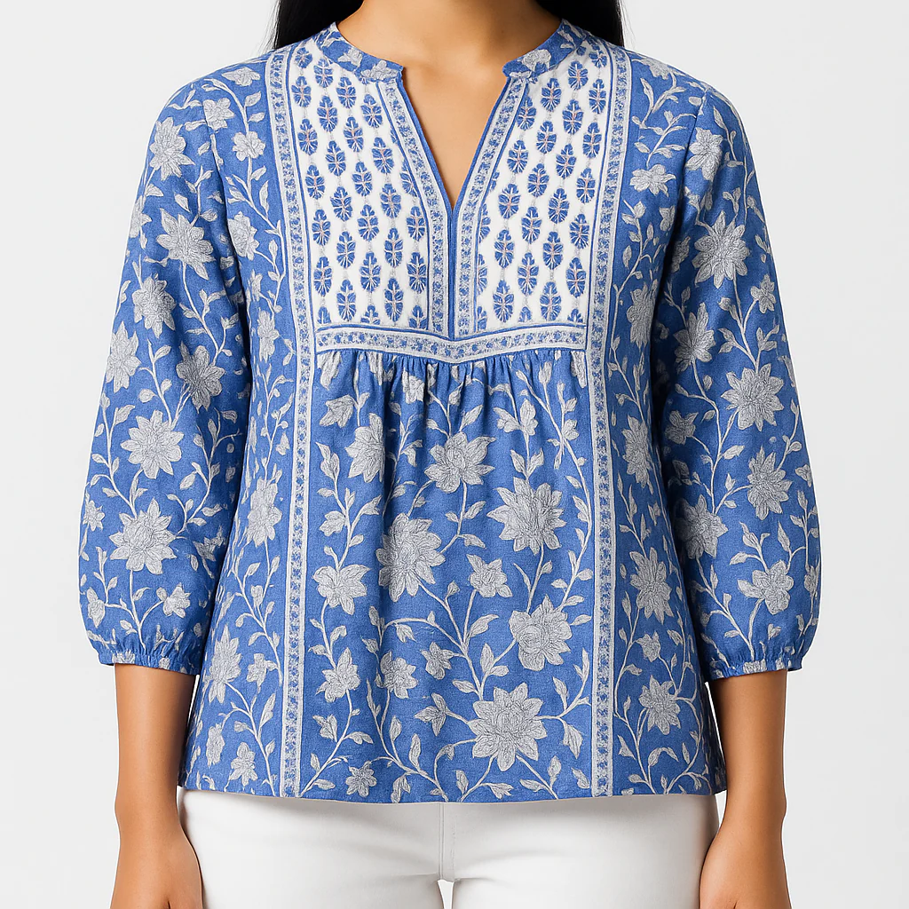 Band Collar Printed Flared Short Kurta - Image 6