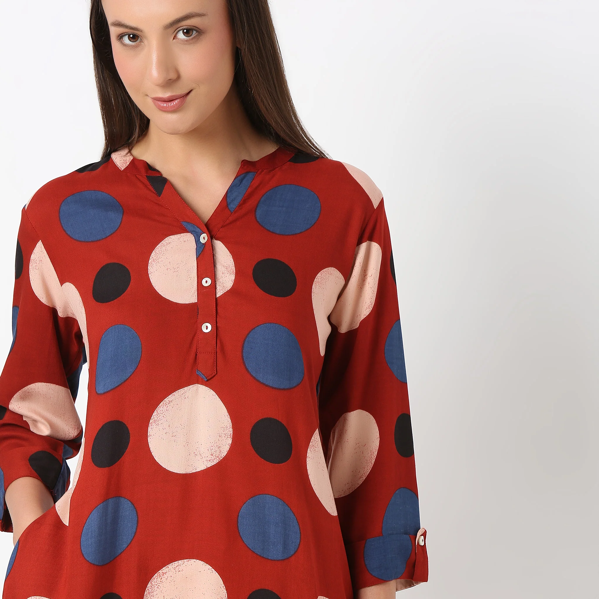 Band Neck Knee Length Three-Fourth Sleeve Printed Straight Fit Kurta - Image 4