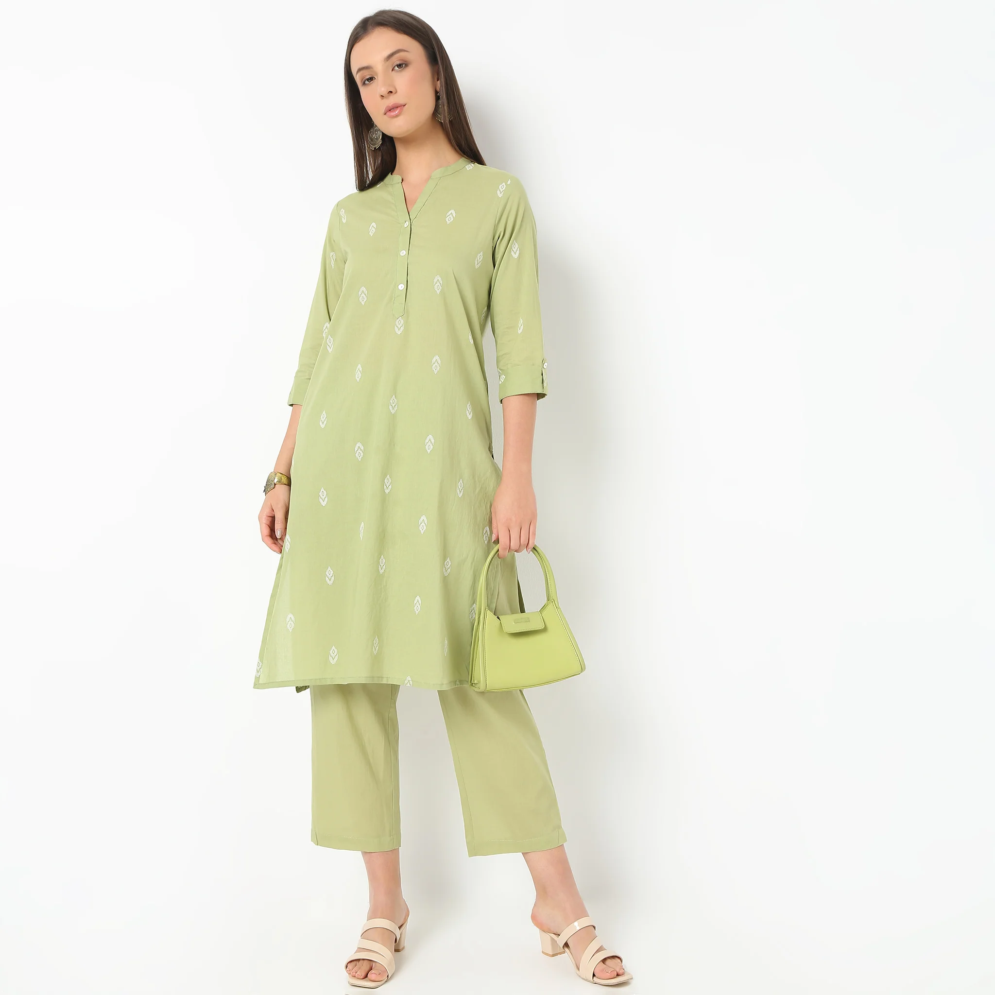 Band Neck Knee Length Three-Fourth Sleeve Printed Straight Fit Kurta