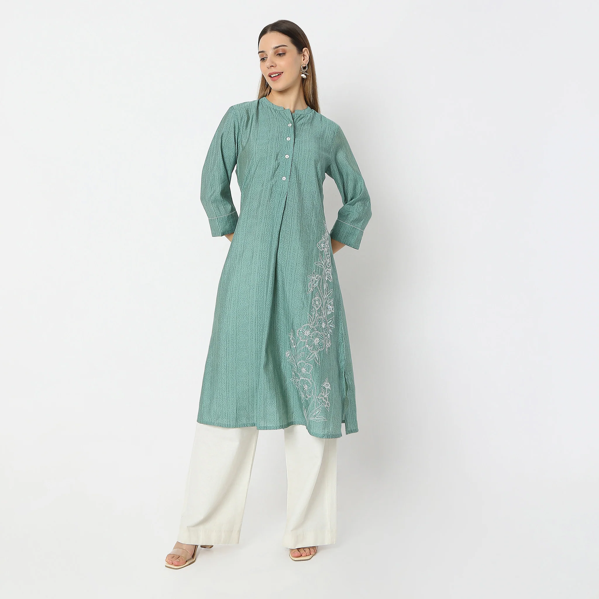 Below Knee Band Collar Embroidered A-Line Kurta - Image 2