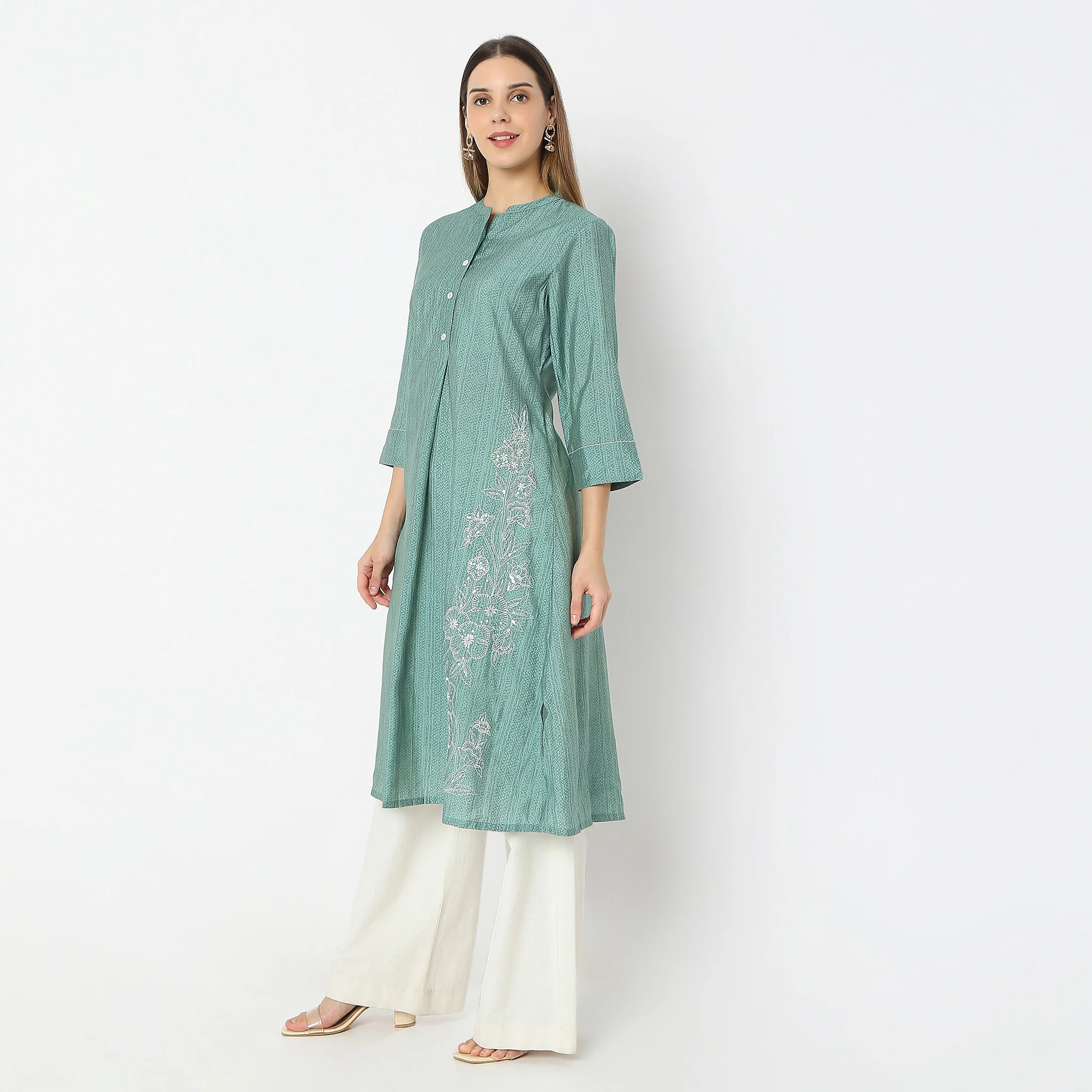 Below Knee Band Collar Embroidered A-Line Kurta - Image 5