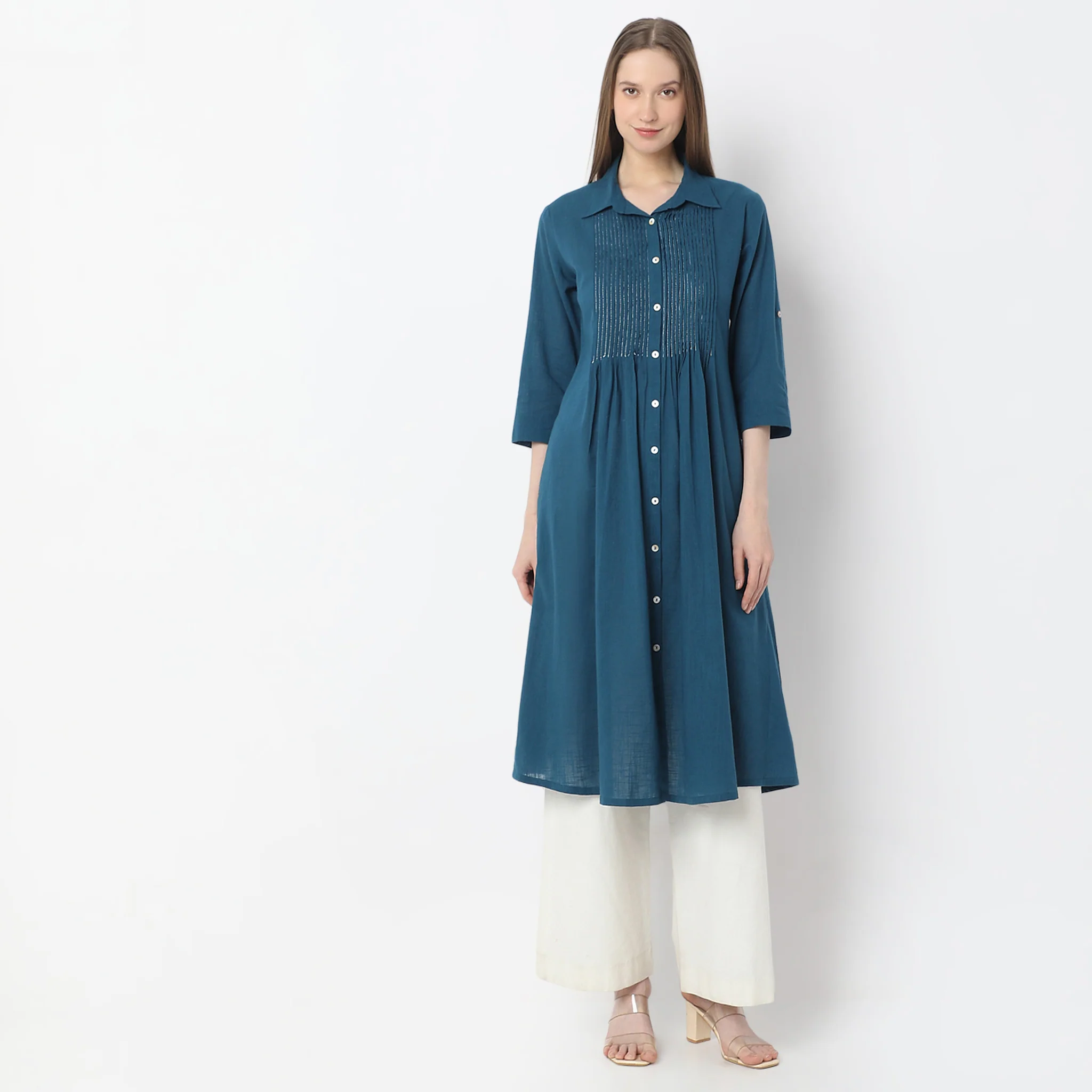 Below Knee Shirt Collar Flared Kurta - Image 2