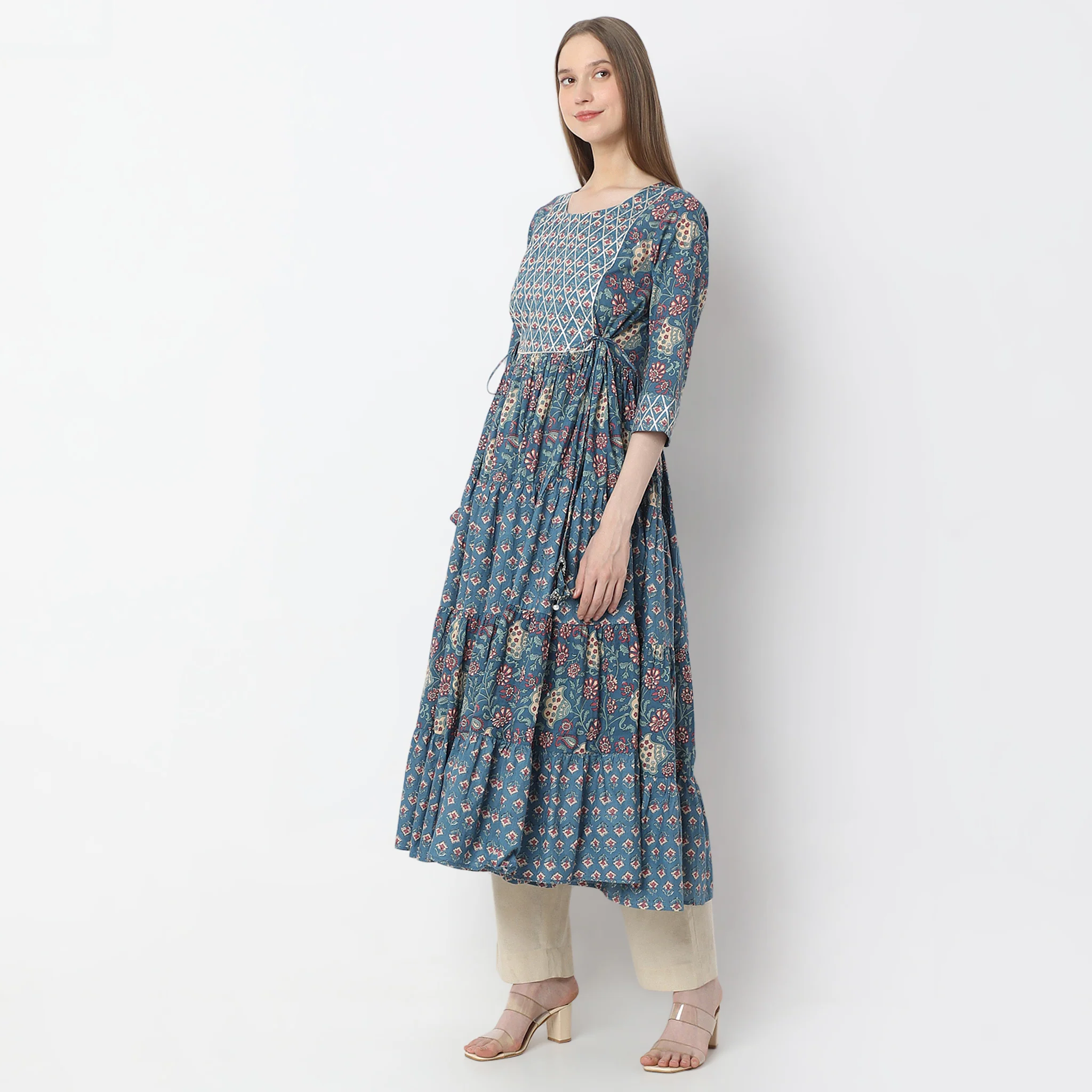 Below Knee Flare Fit Tiered Jaipuri Printed Kurta - Image 5