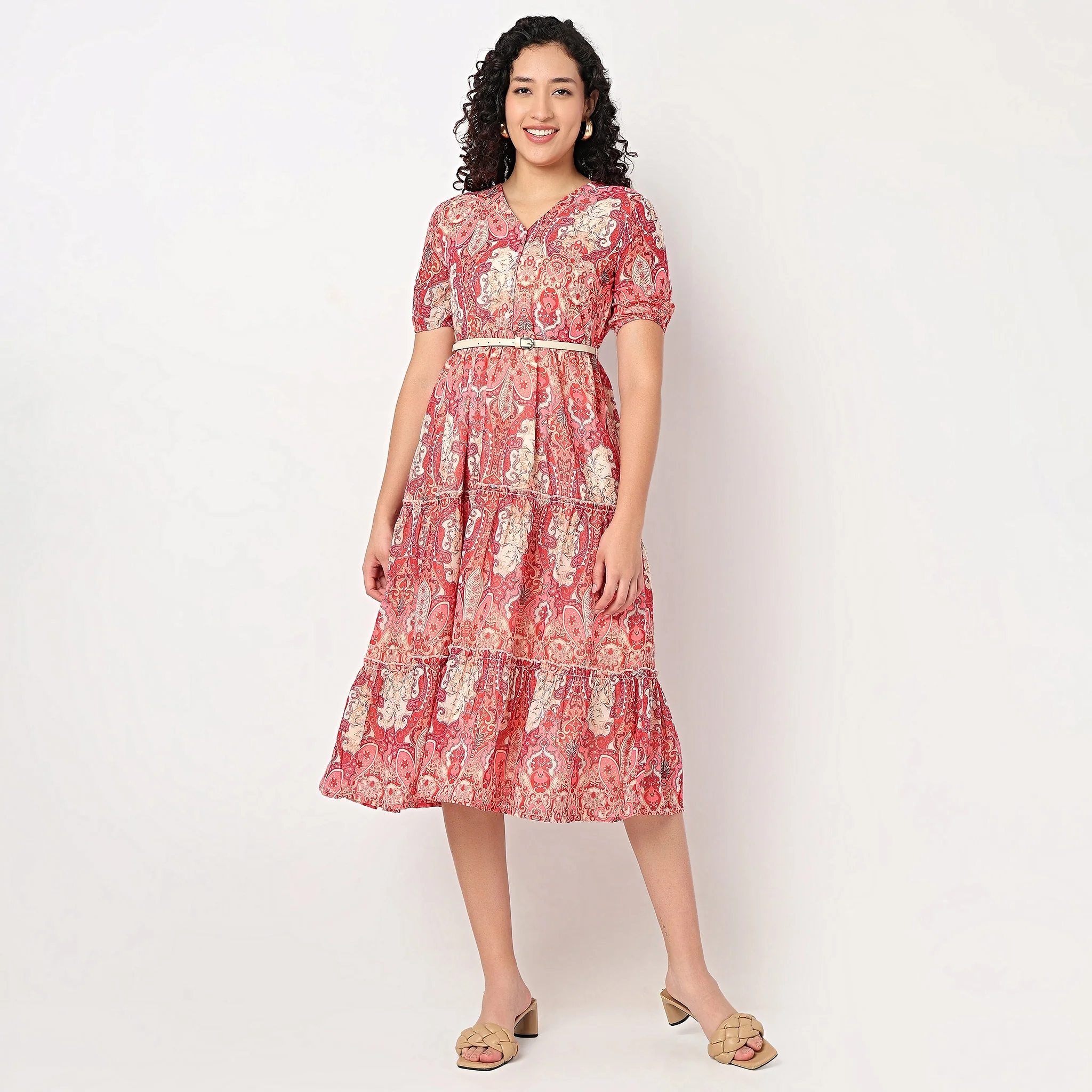Belted Tiered V-Neck Dress - Image 2