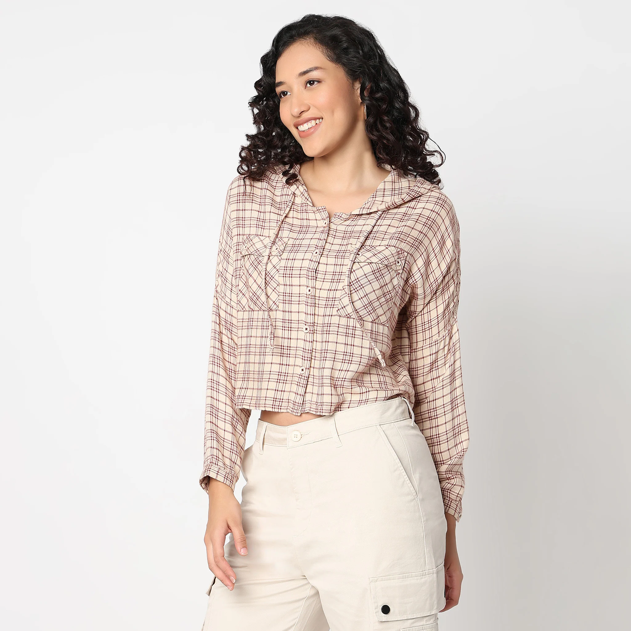 Betty Checkered Hoodie Style Cropped Shirt - Image 10