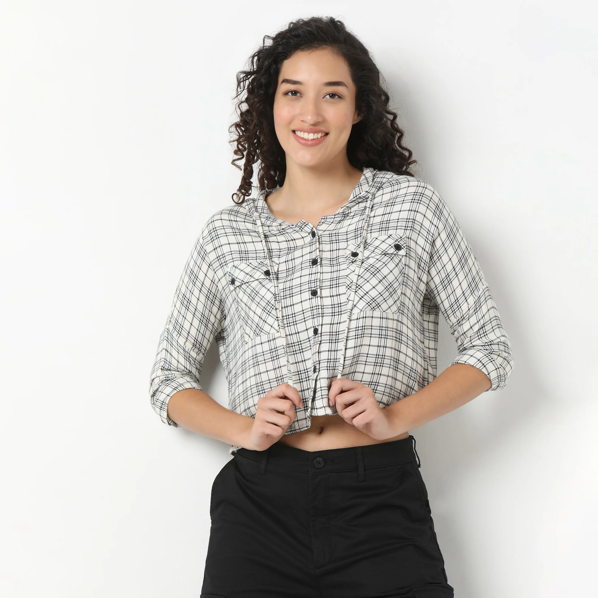 Betty Checkered Hoodie Style Cropped Shirt - Image 2