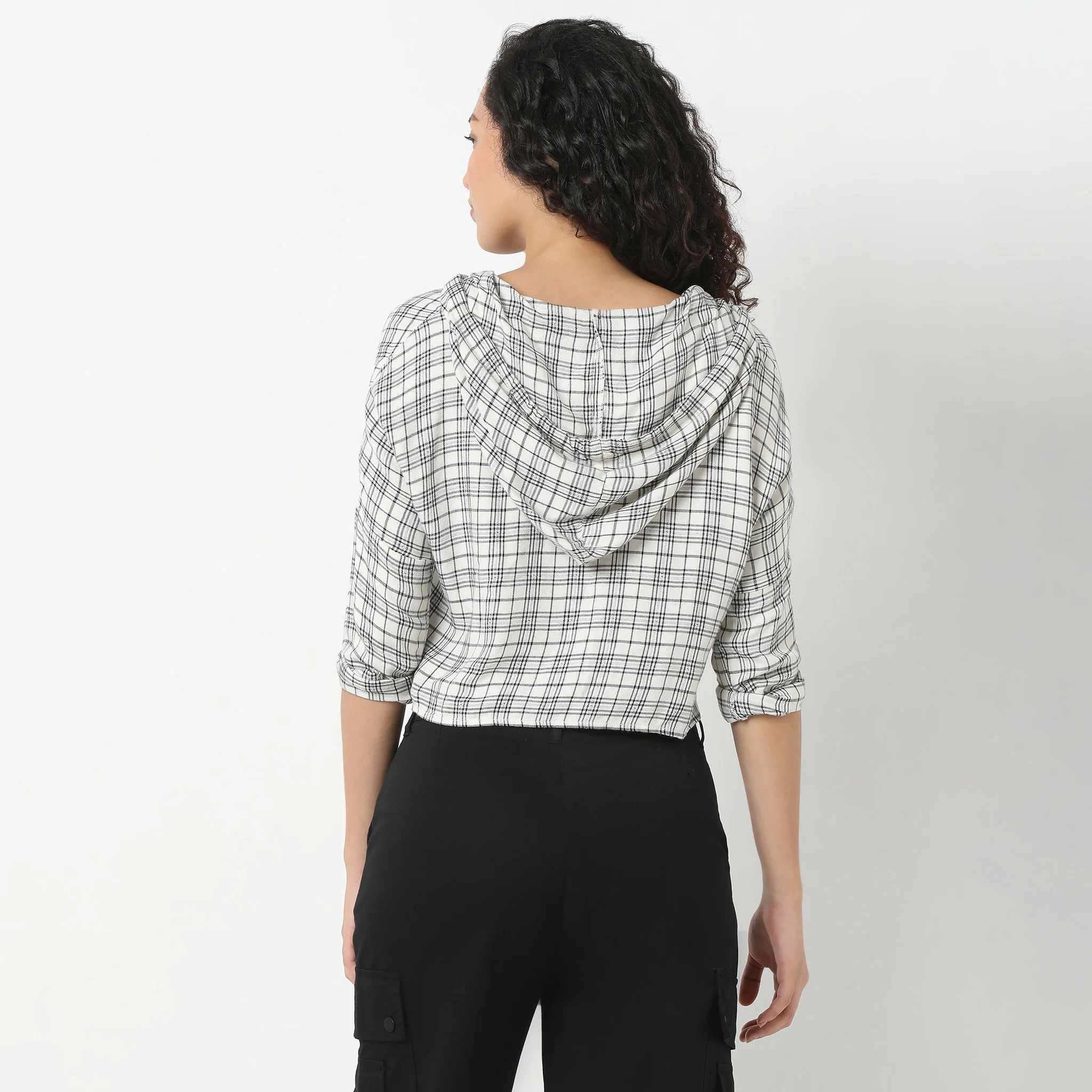 Betty Checkered Hoodie Style Cropped Shirt - Image 3