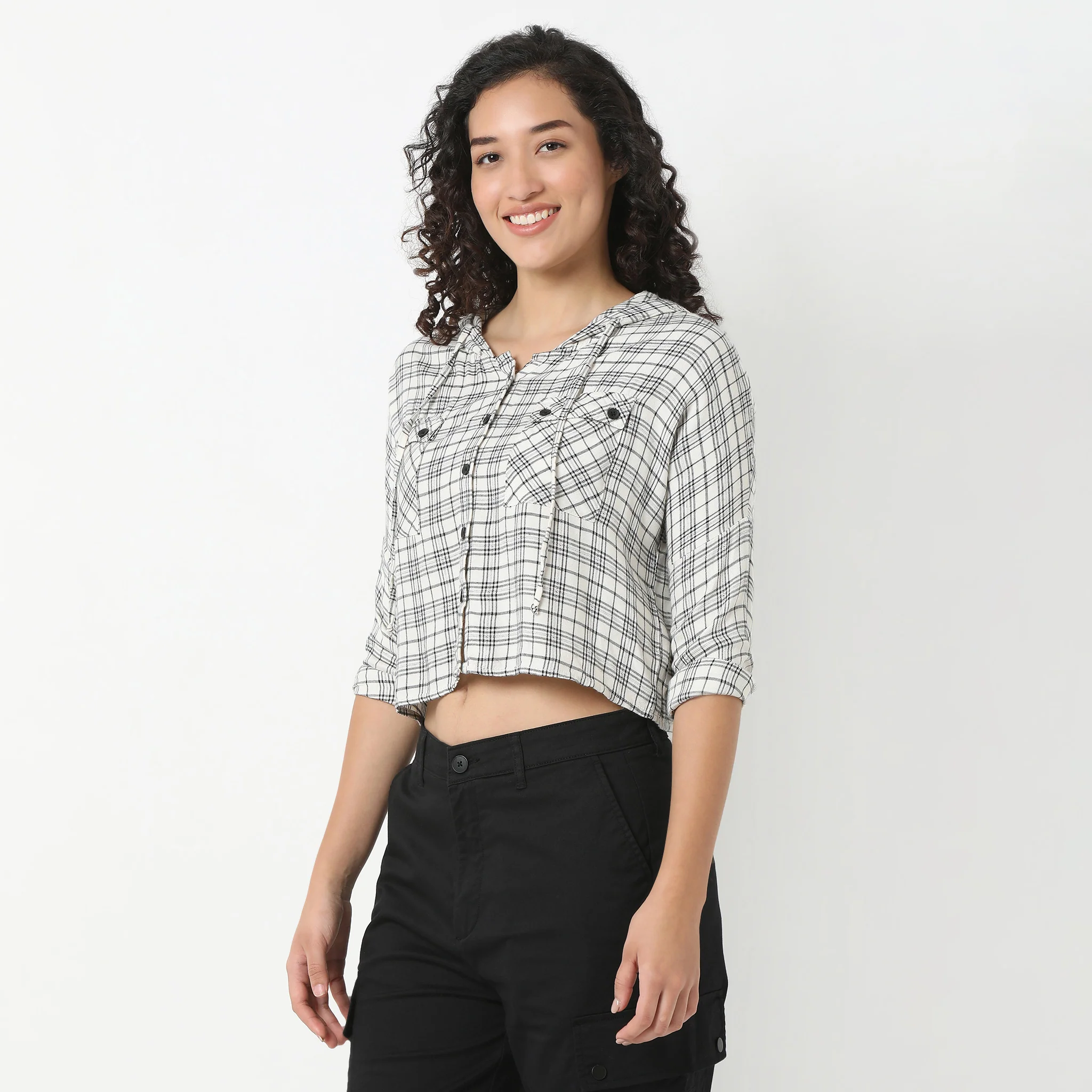 Betty Checkered Hoodie Style Cropped Shirt - Image 5