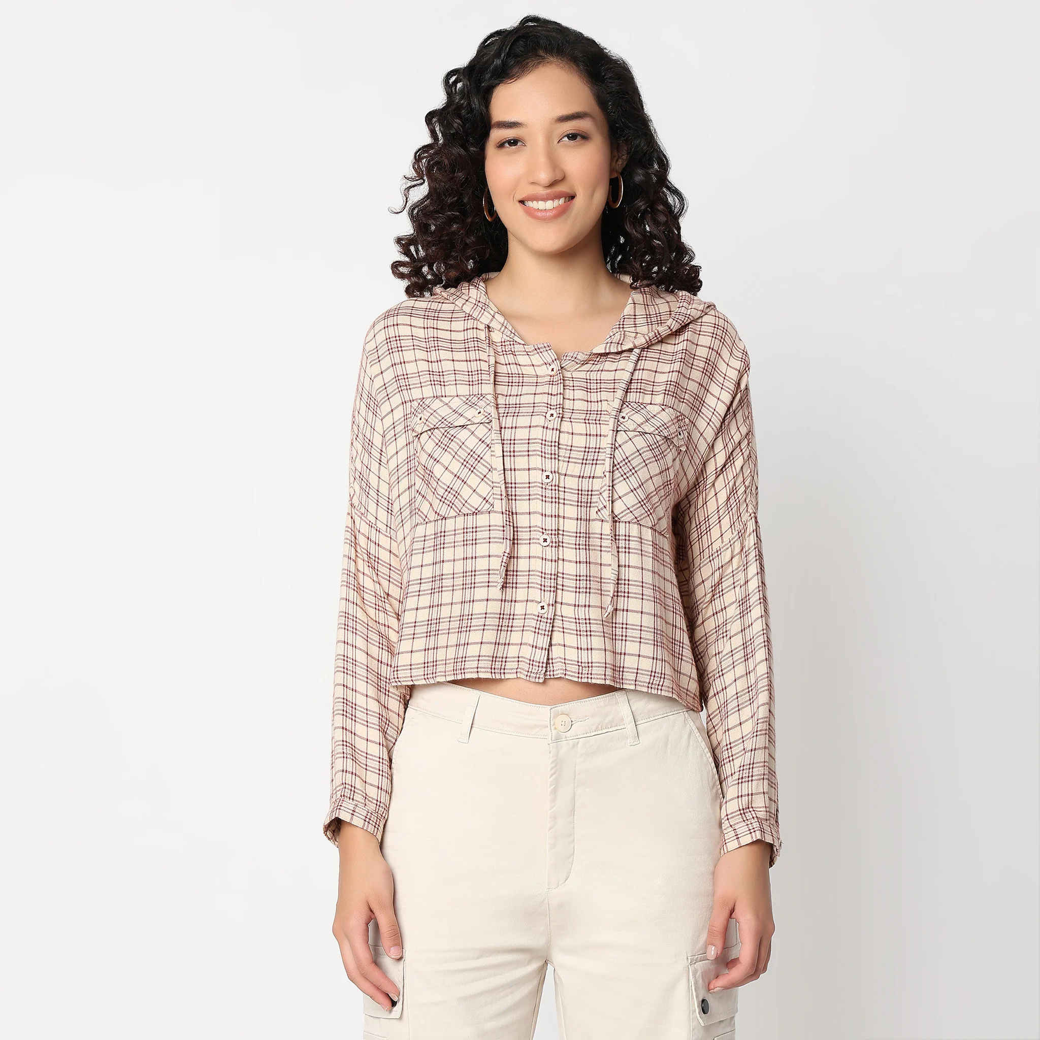 Betty Checkered Hoodie Style Cropped Shirt - Image 7