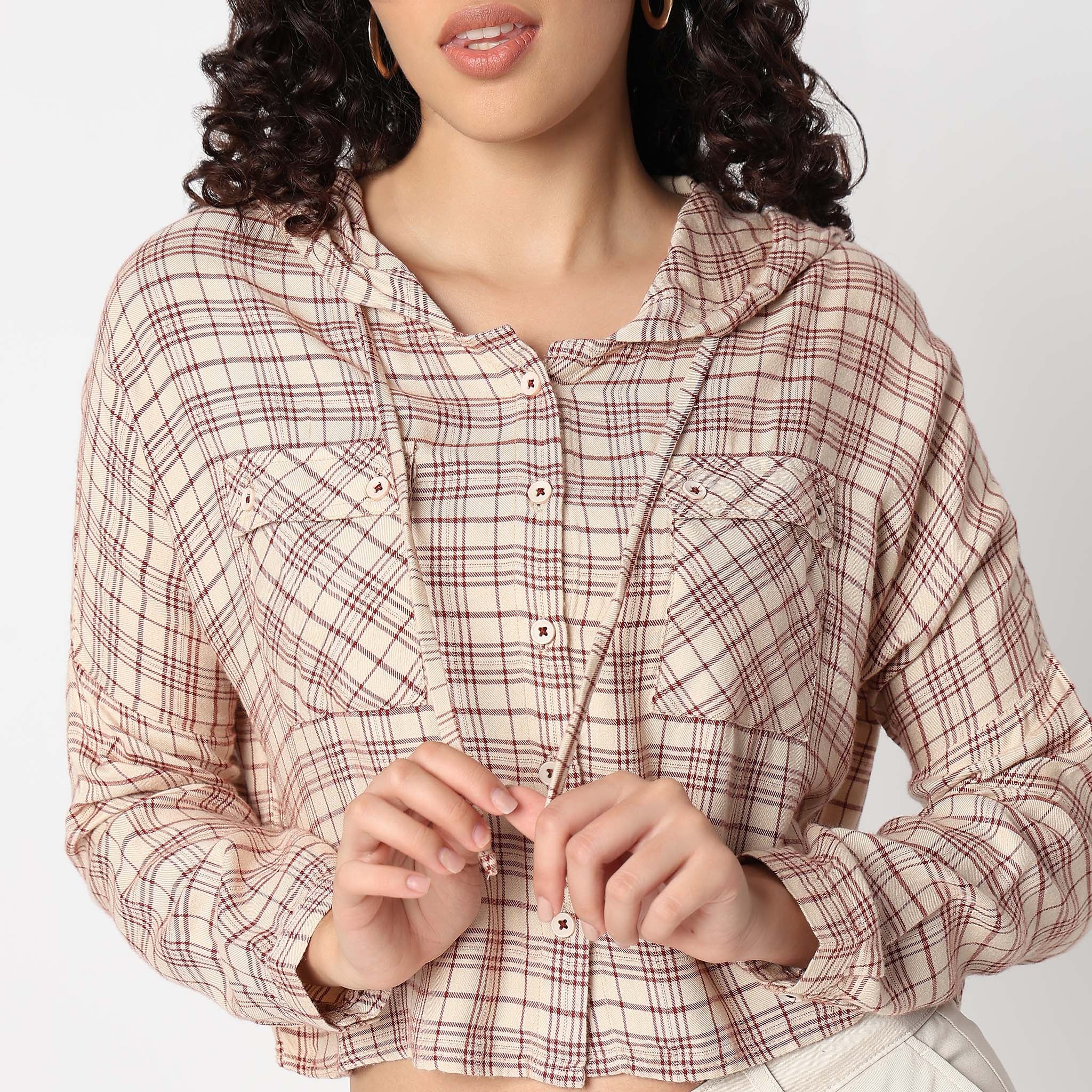 Betty Checkered Hoodie Style Cropped Shirt - Image 9