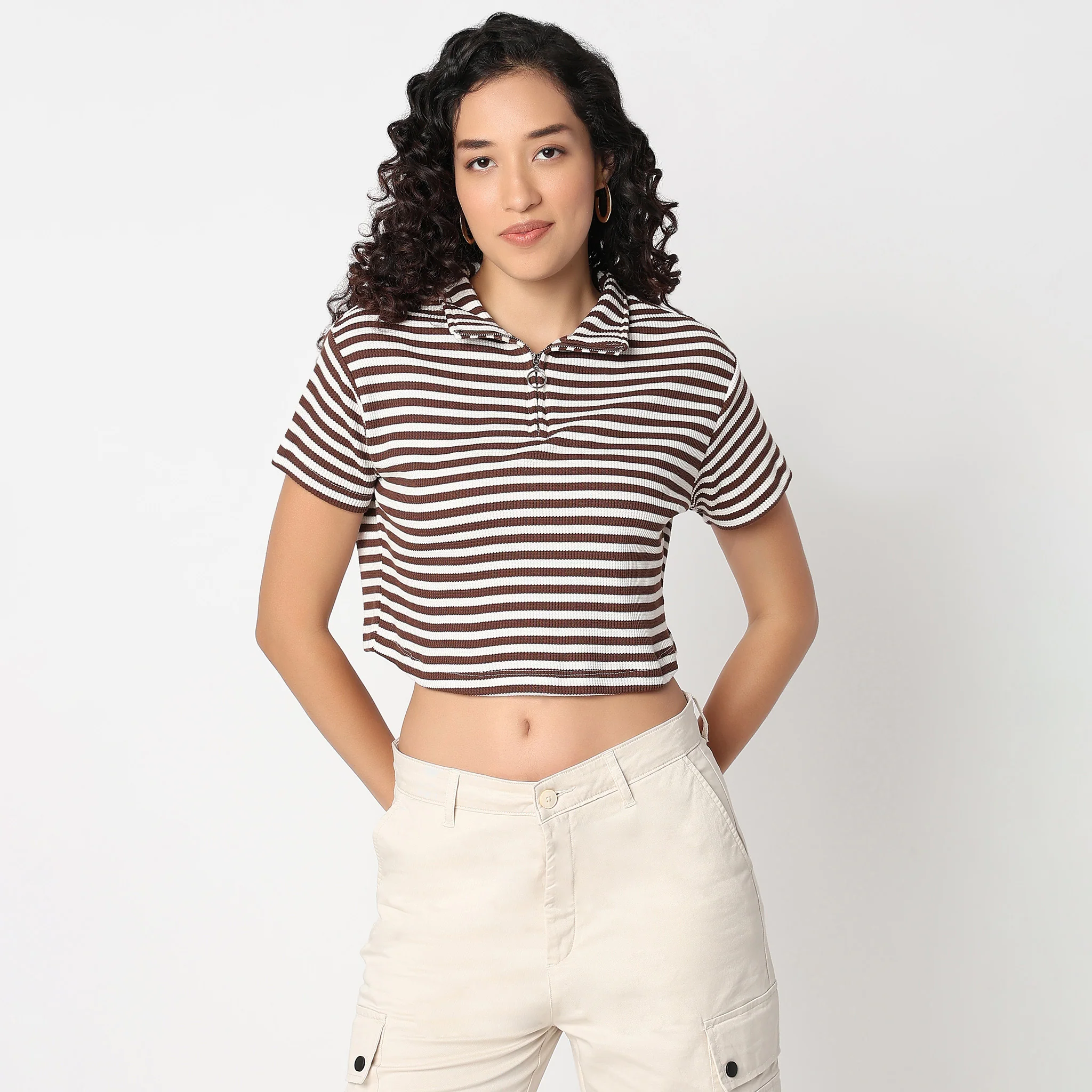 Striped Boxy Fit T-Shirt With Zipper - Image 2