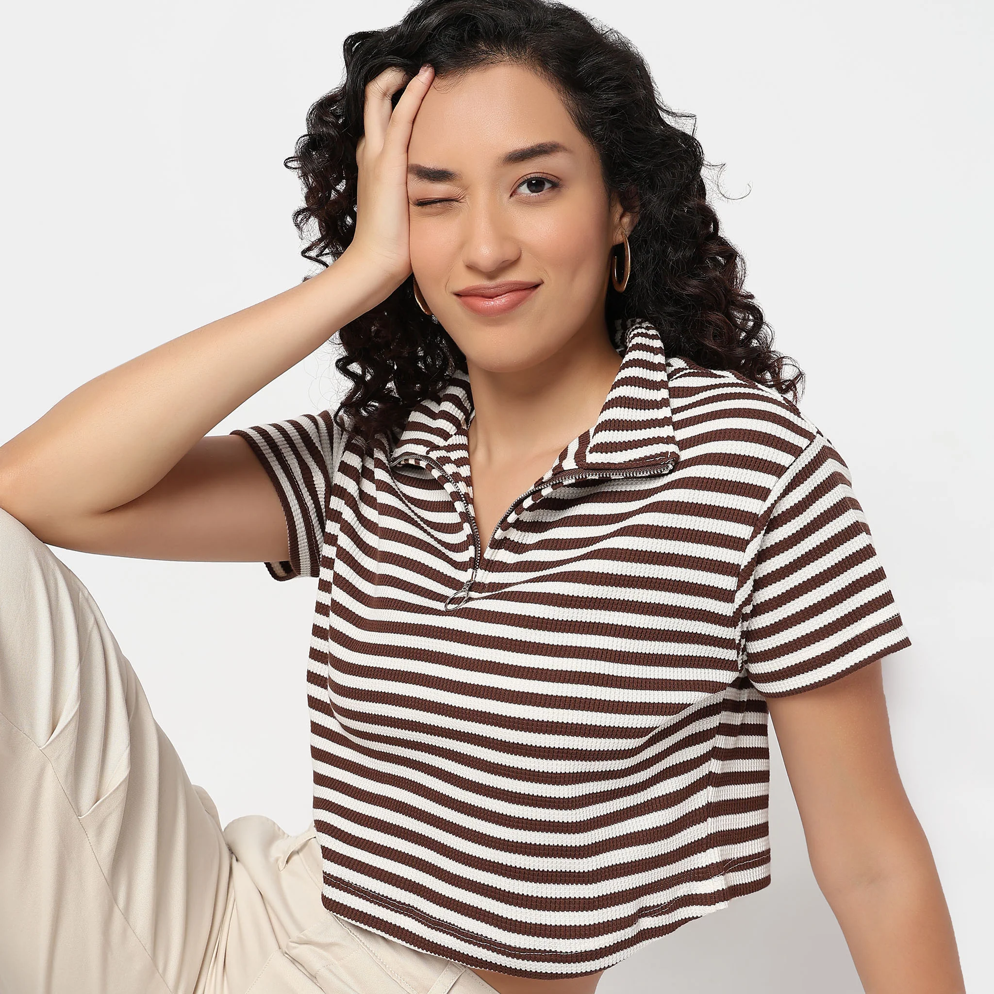 Striped Boxy Fit T-Shirt With Zipper - Image 4